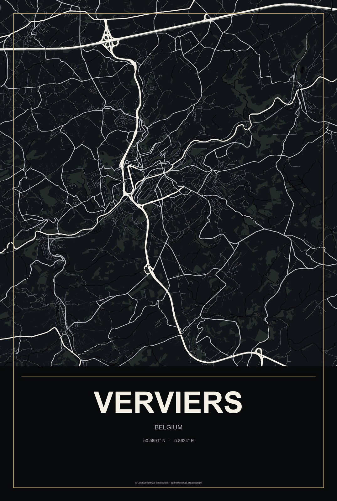 Verviers, Belgium City Map Aluminum Sign in Metropolitan Noir style