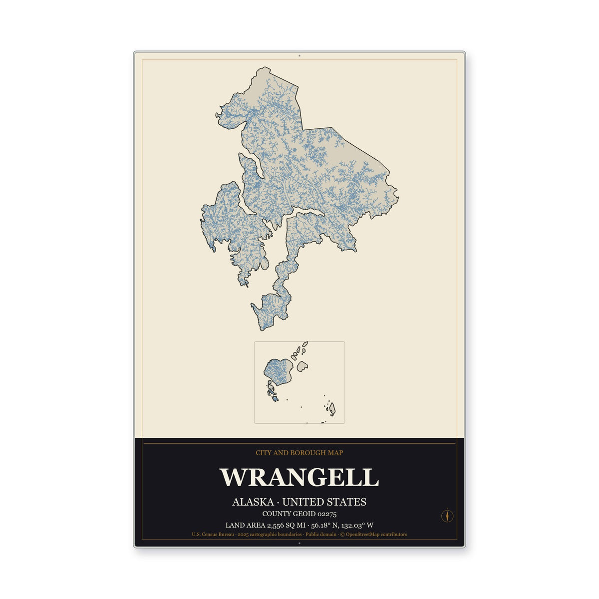 Wrangell City and Borough, Alaska Map Aluminum Sign in Museum Plaque style