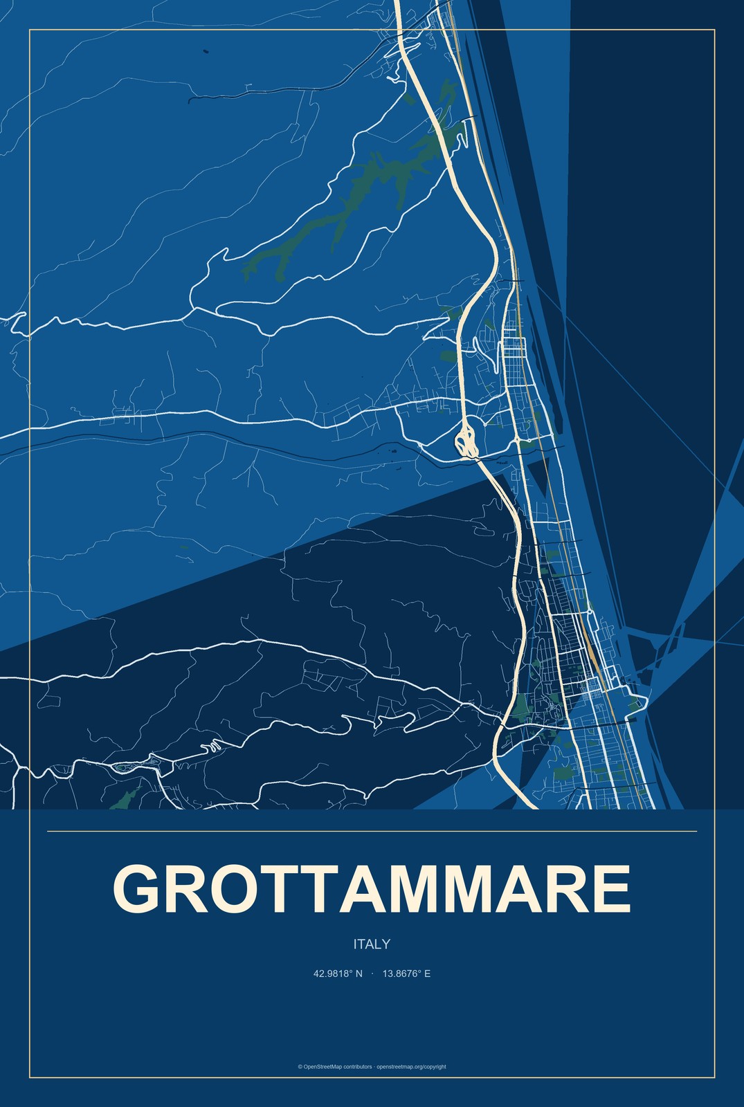 Grottammare, Italy City Map Aluminum Sign in Harbor Cobalt style