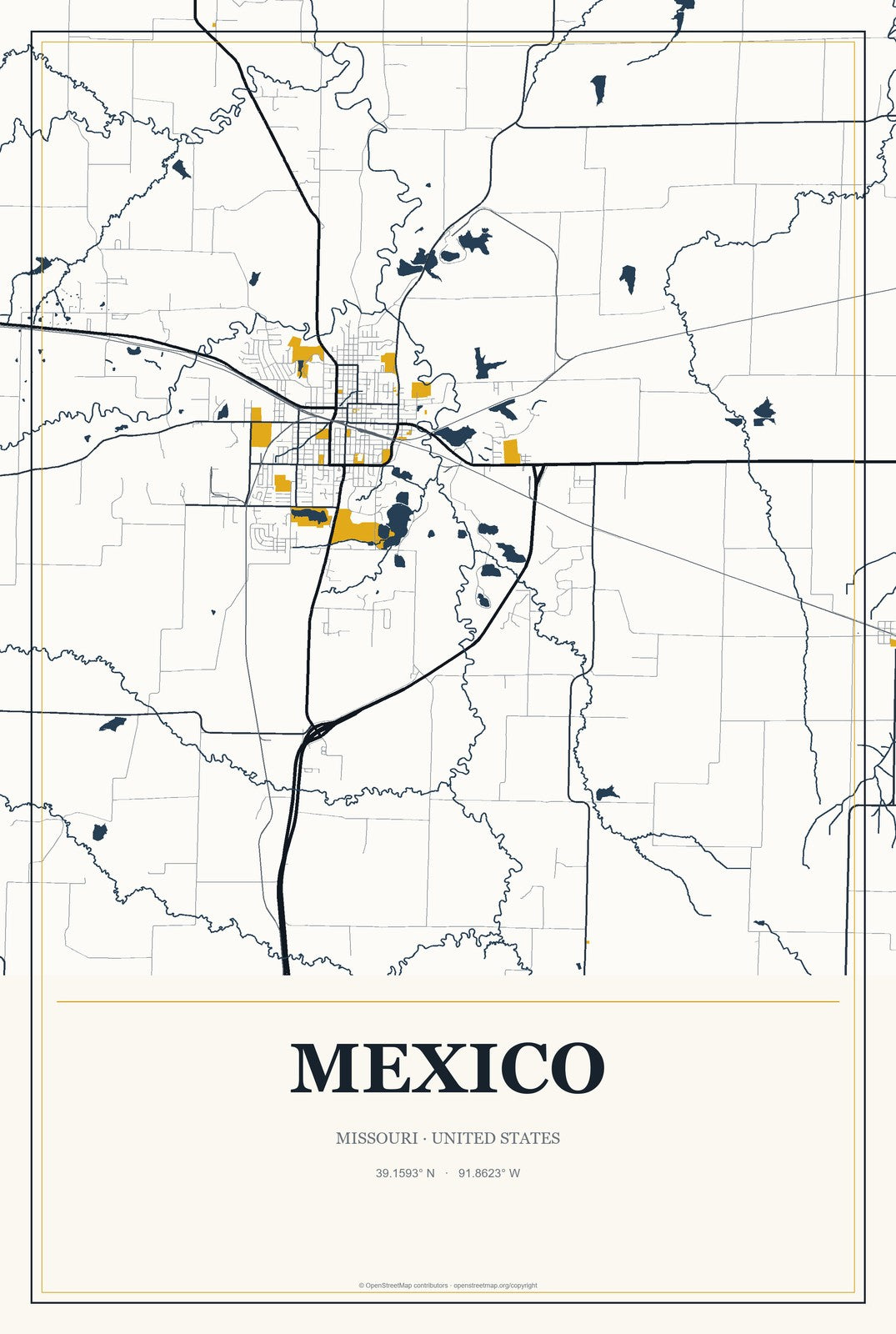 Mexico, Missouri City Map Aluminum Sign in Citrine Modern style