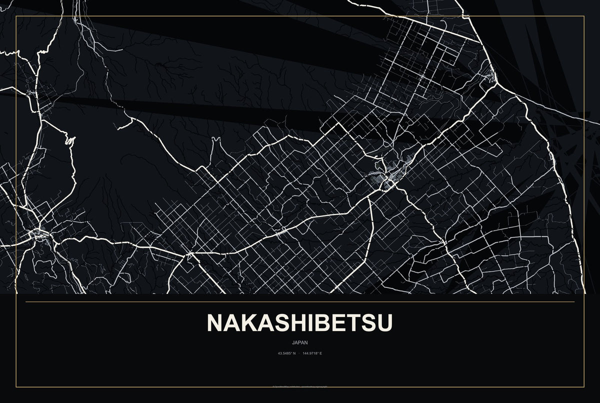 Nakashibetsu, Japan City Map Aluminum Sign in Metropolitan Noir style