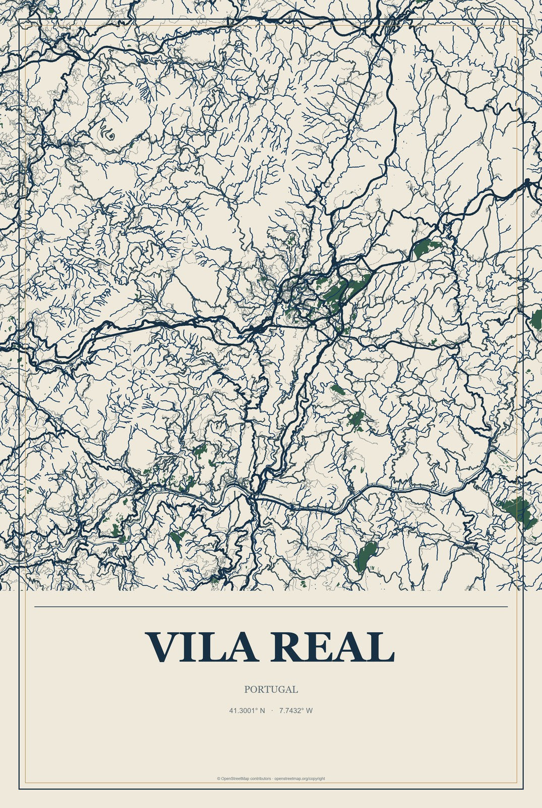 Vila Real, Portugal City Map Aluminum Sign in Coastal Cutout style