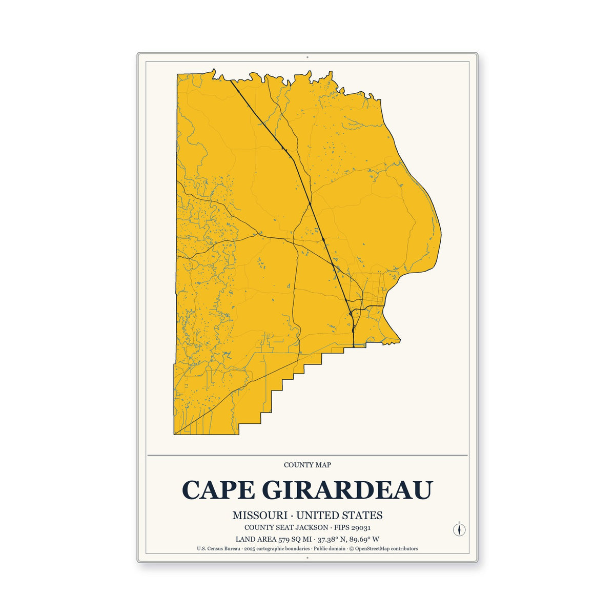 Cape Girardeau County, Missouri Map Aluminum Sign in Citrine Modern style
