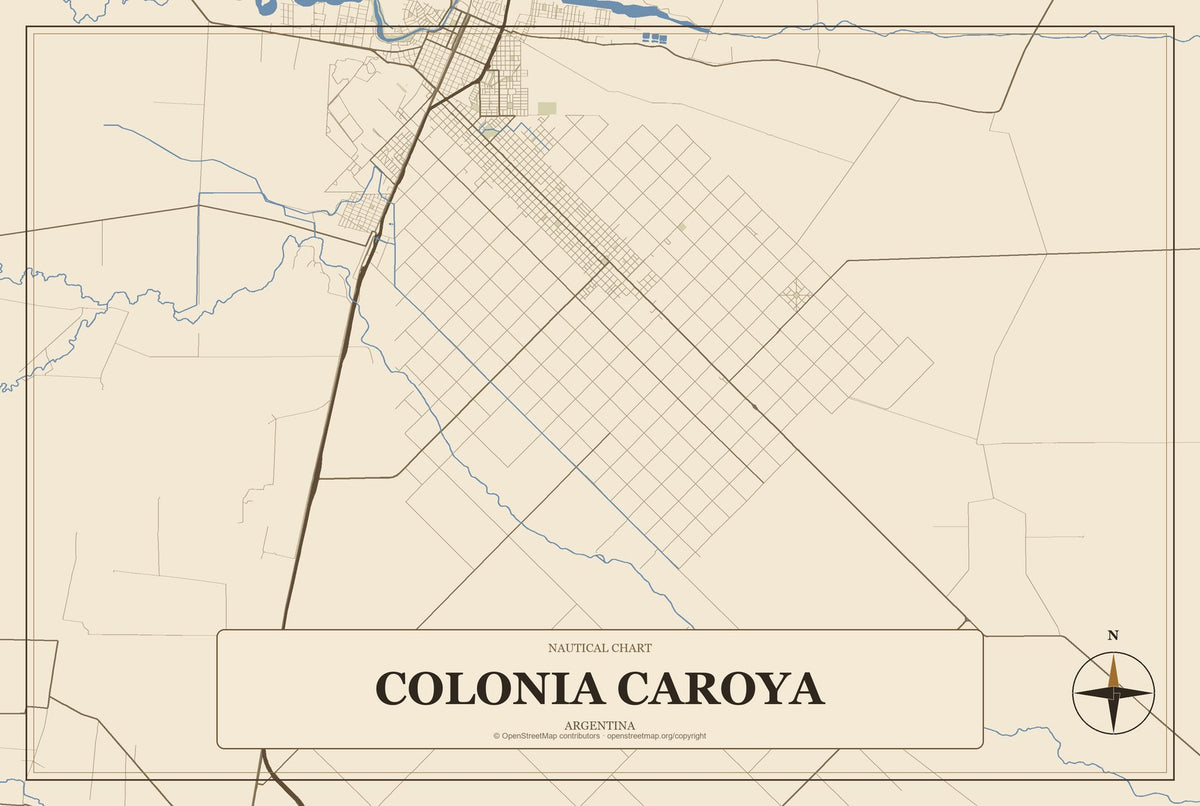 Colonia Caroya, Argentina City Map Aluminum Sign in Heritage Nautical style