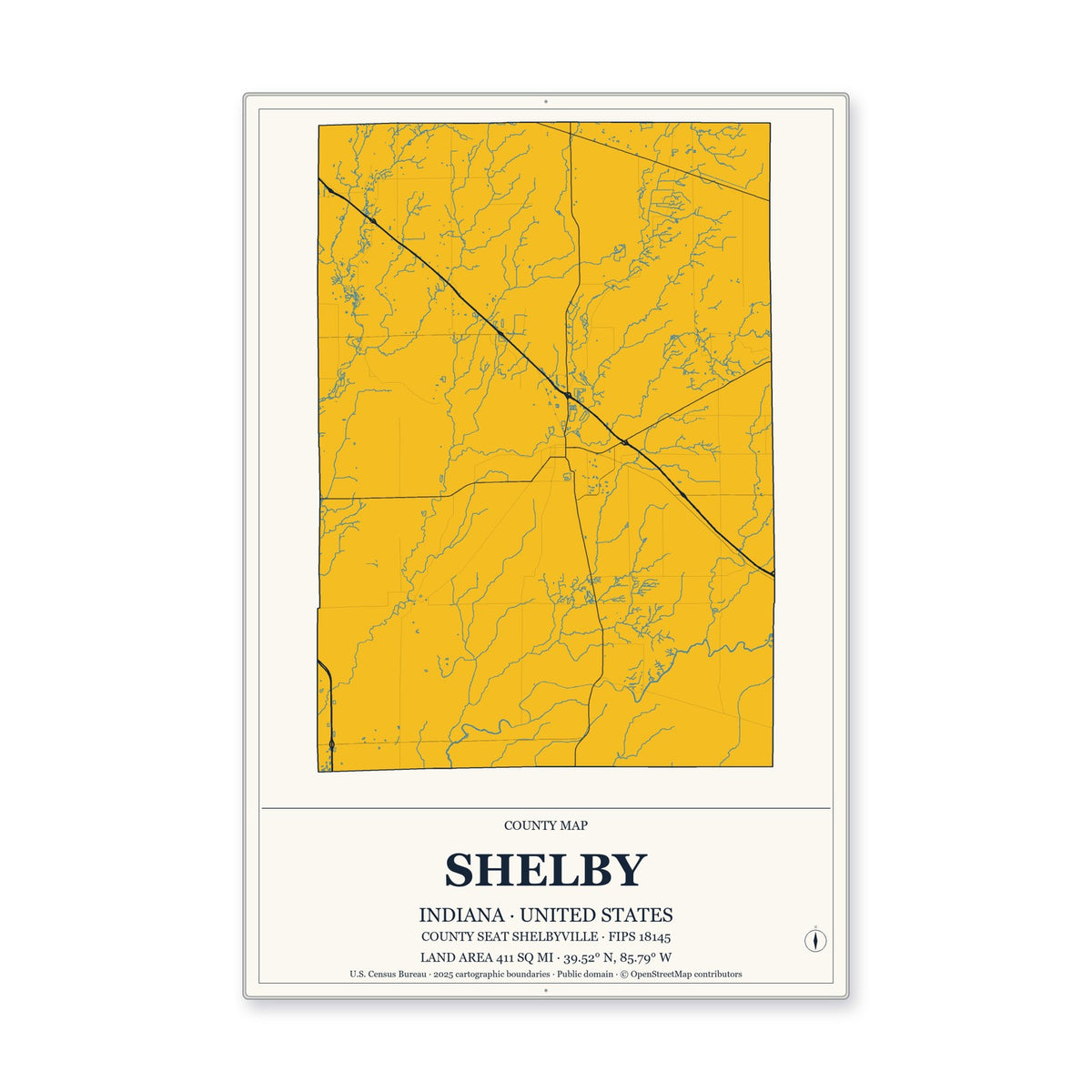 Shelby County, Indiana Map Aluminum Sign in Citrine Modern style