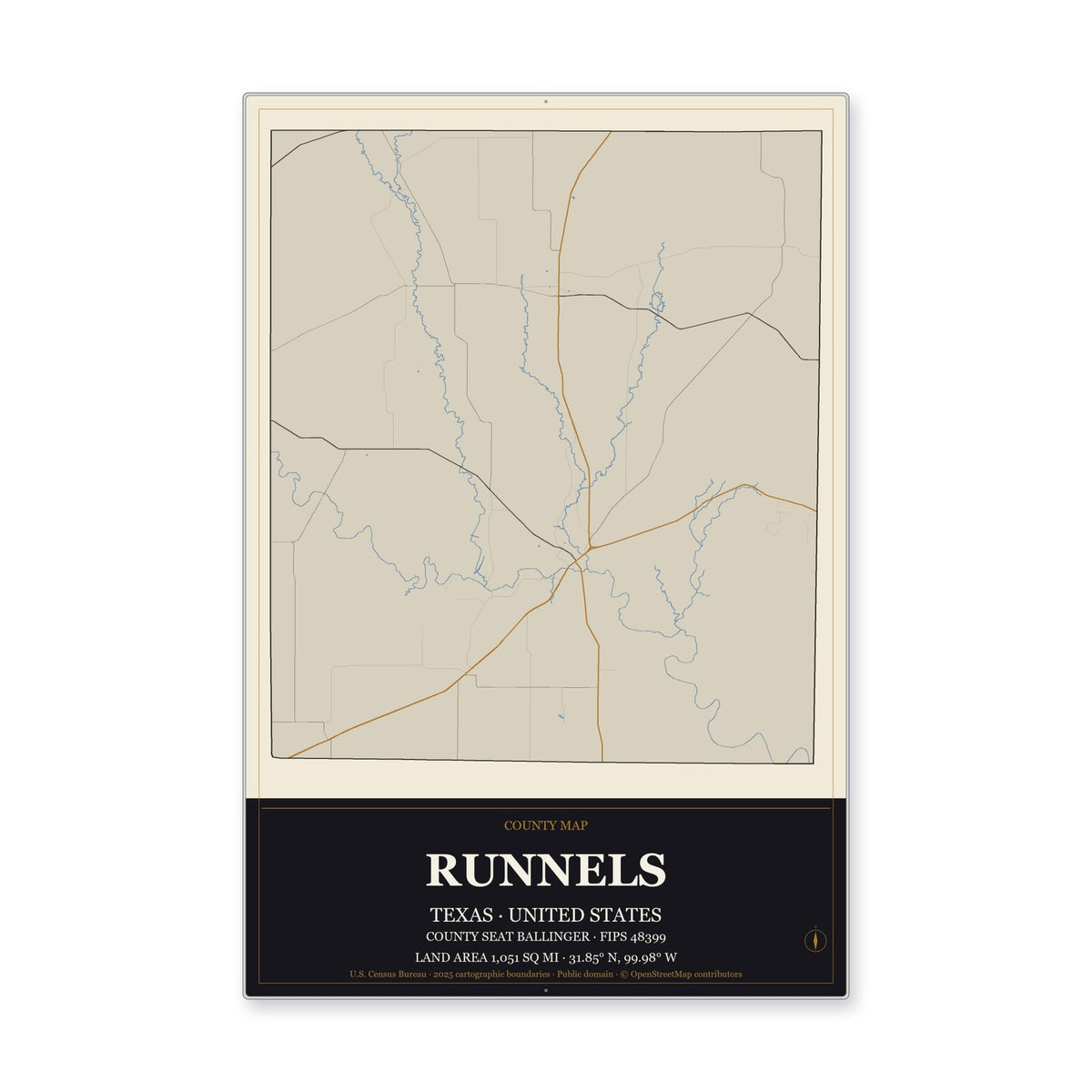 Runnels County, Texas Map Aluminum Sign in Museum Plaque style
