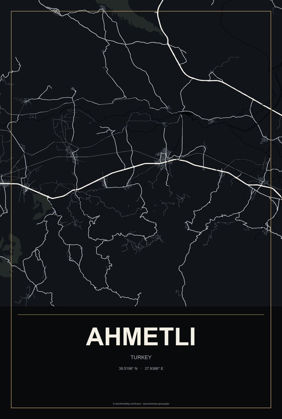 Ahmetli, Turkey City Map Aluminum Sign in Metropolitan Noir style