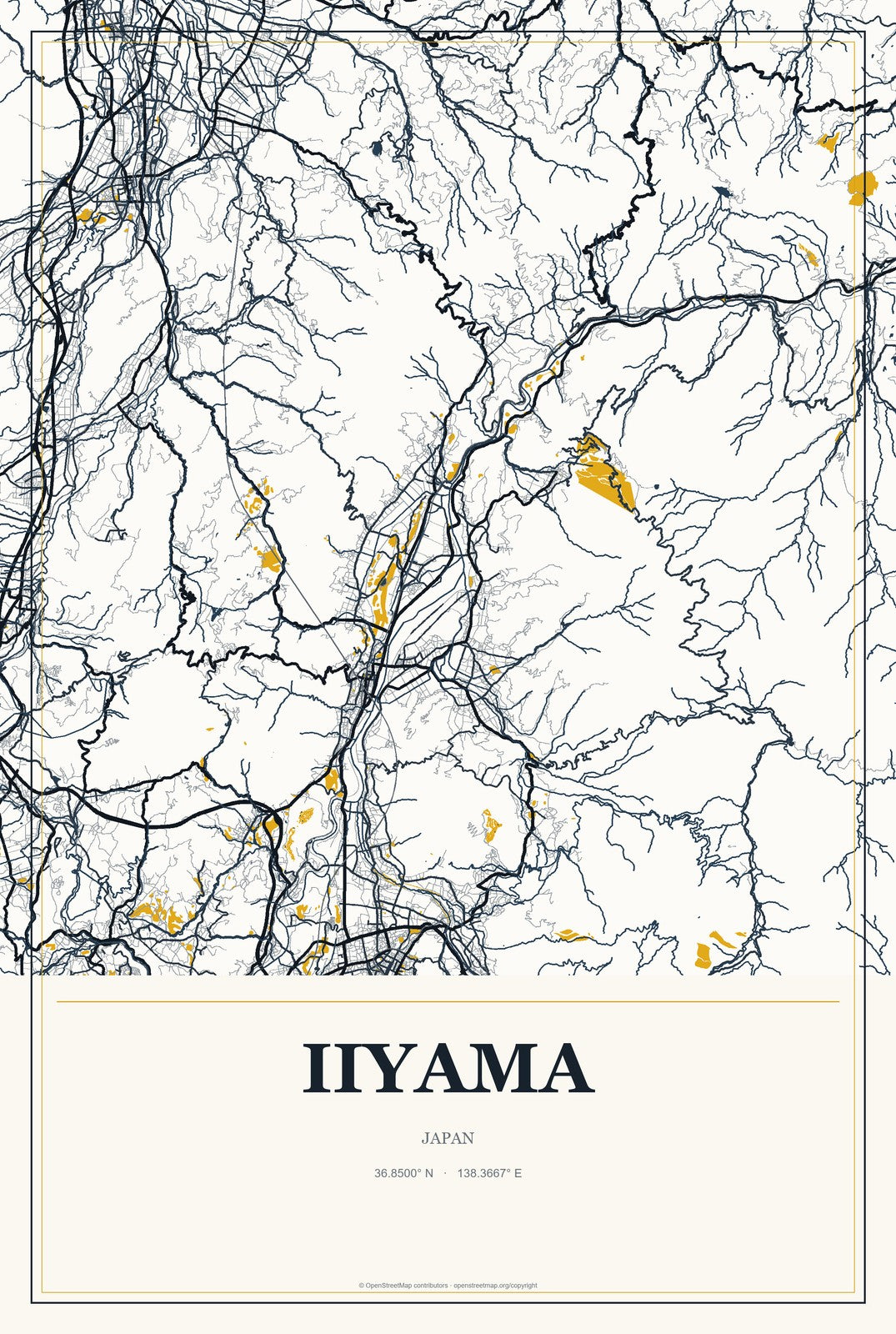 Iiyama, Japan City Map Aluminum Sign in Citrine Modern style