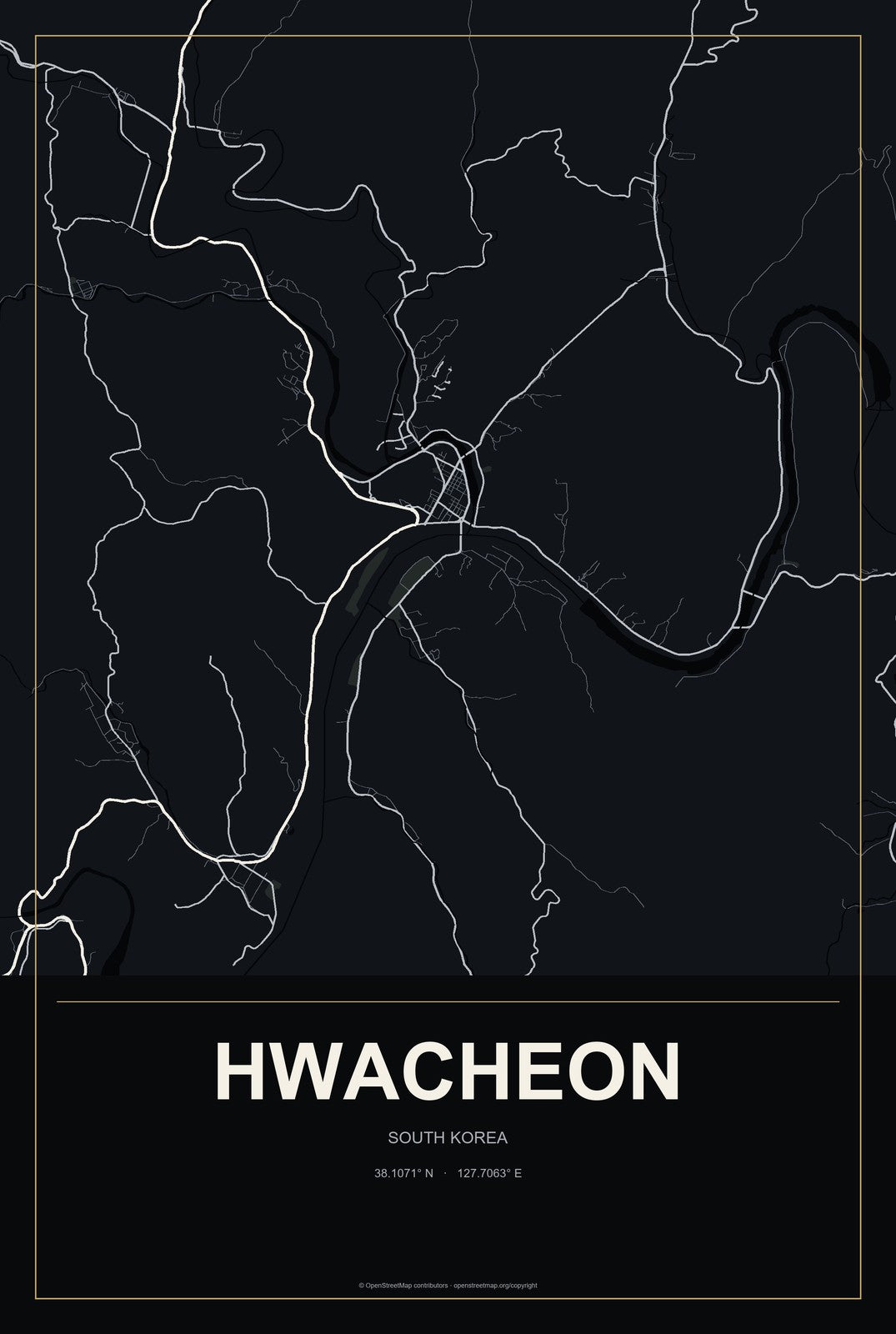 Hwacheon, South Korea City Map Aluminum Sign in Metropolitan Noir style