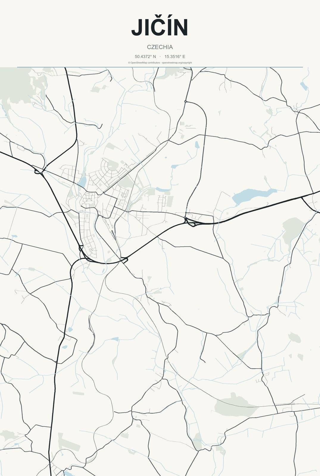 Jičín, Czechia City Map Aluminum Sign in Headline Atlas style