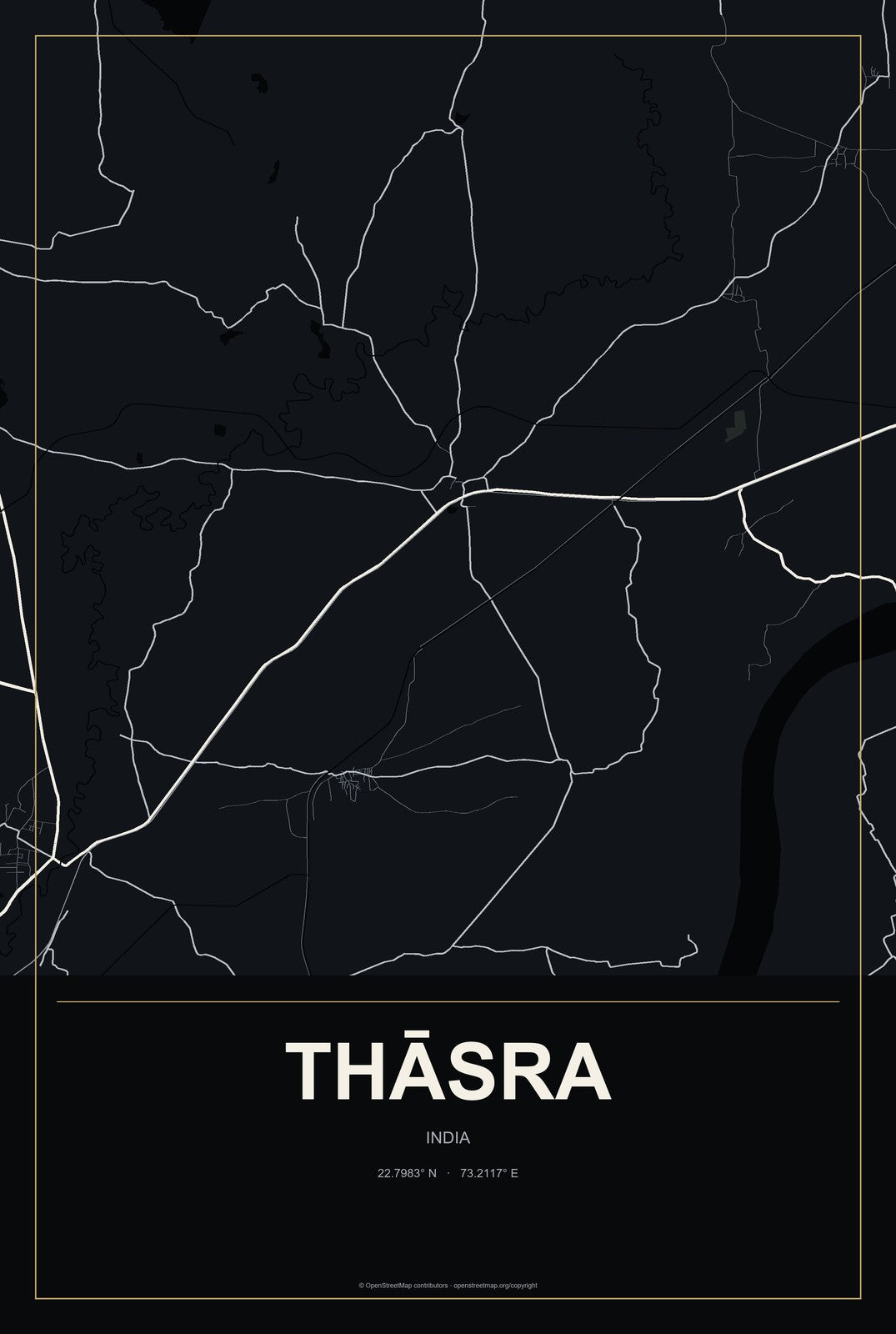 Thāsra, India City Map Aluminum Sign in Metropolitan Noir style