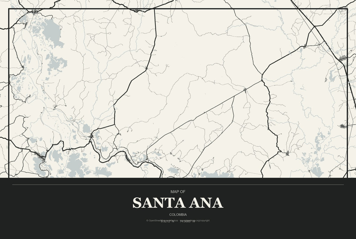 Santa Ana, Colombia City Map Aluminum Sign in Museum Plaque style