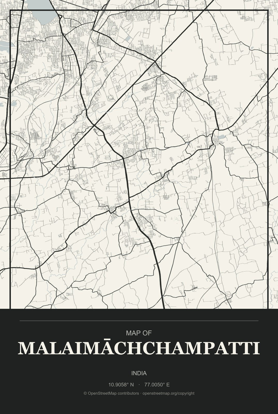 Malaimāchchampatti, India City Map Aluminum Sign in Museum Plaque style
