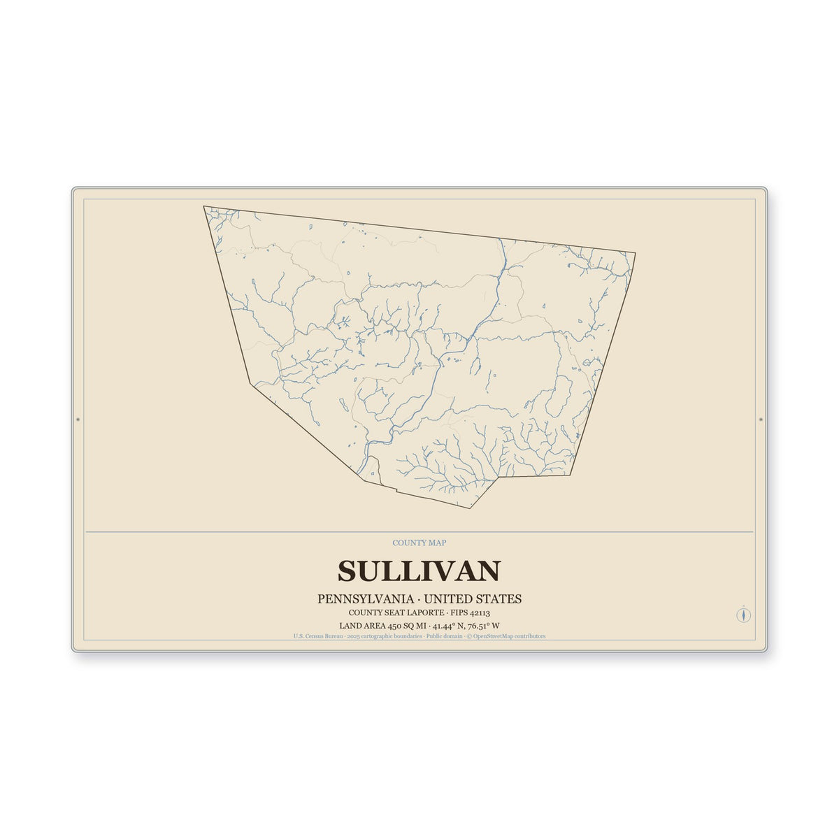 Sullivan County, Pennsylvania Map Aluminum Sign in Heritage Nautical style