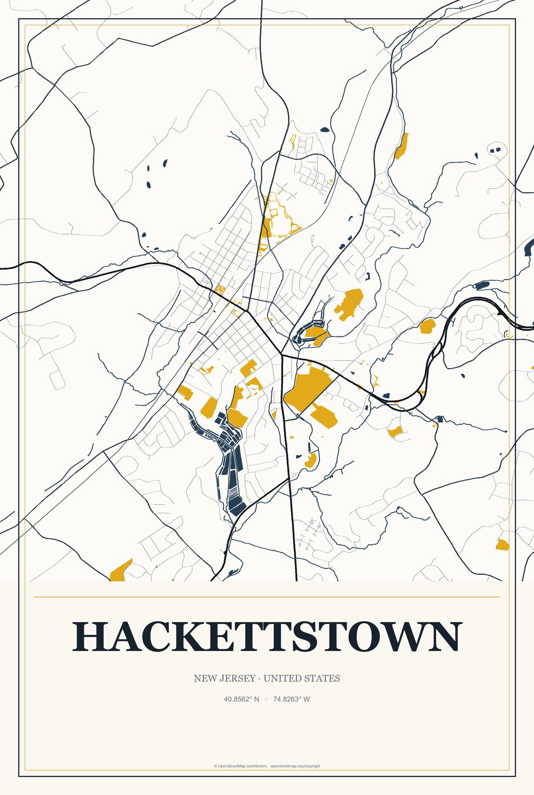 Hackettstown, New Jersey City Map Aluminum Sign in Citrine Modern style
