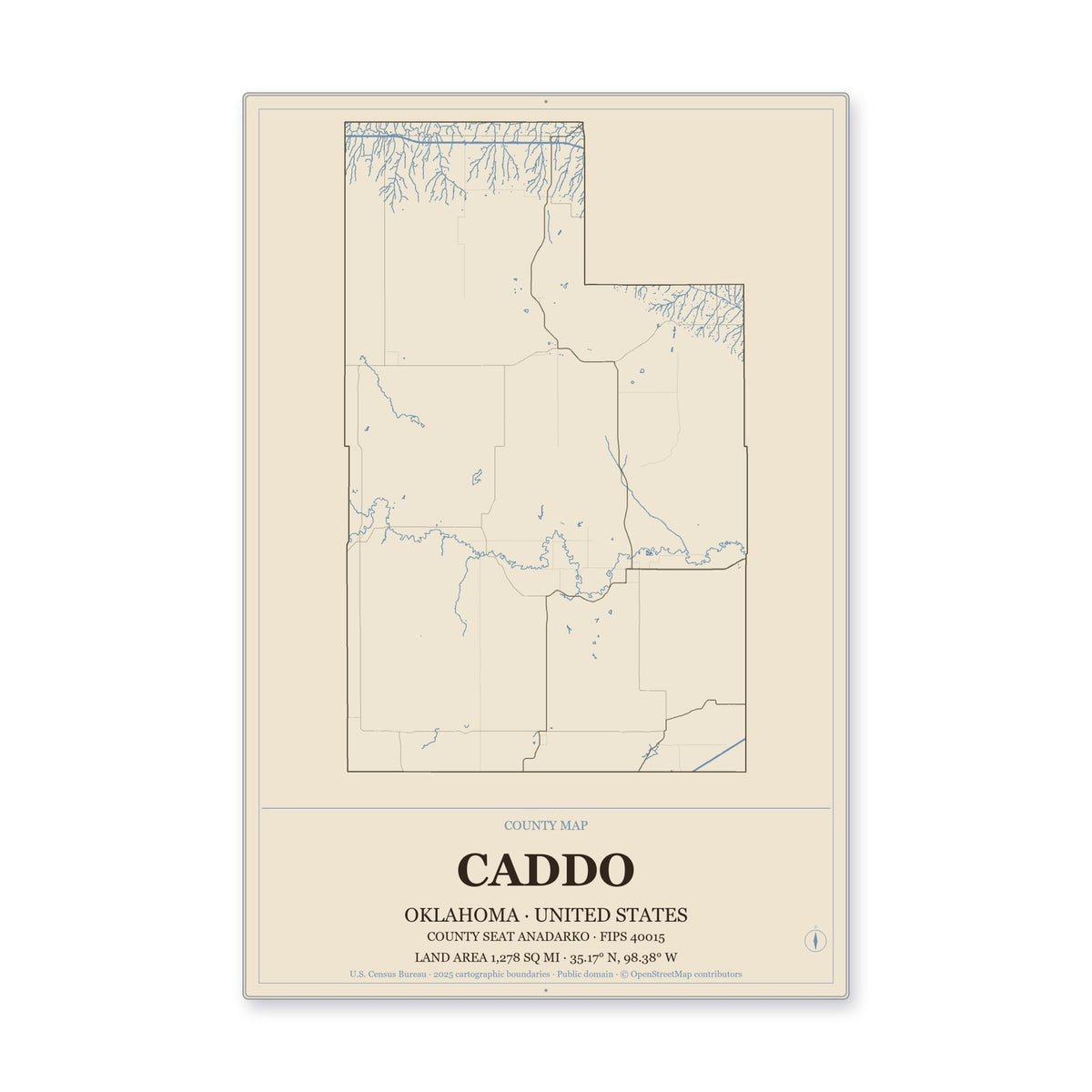 Caddo County, Oklahoma Map Aluminum Sign in Heritage Nautical style