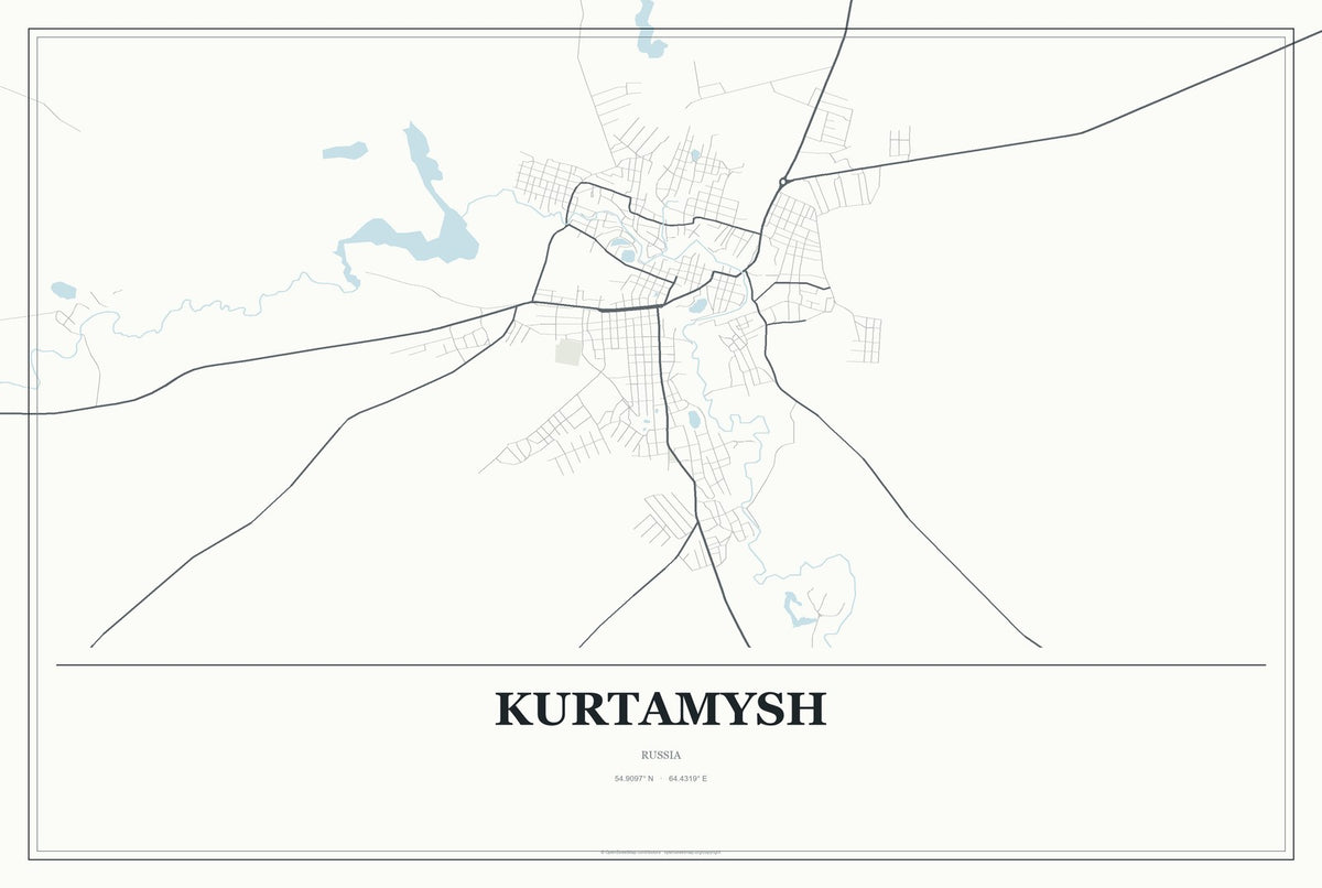 Kurtamysh, Russia City Map Aluminum Sign in Gallery Air style