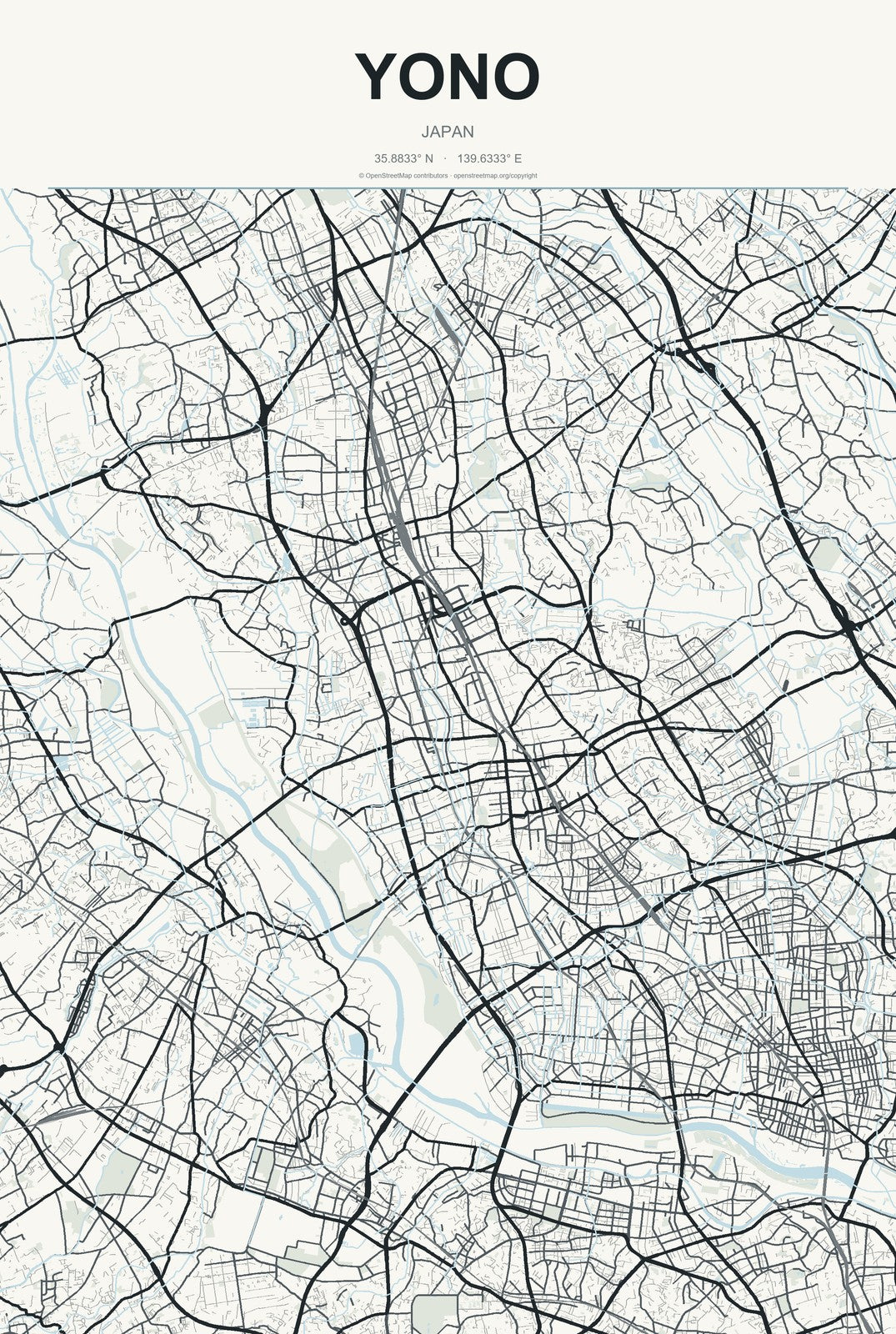 Yono, Saitama, Japan City Map Aluminum Sign in Headline Atlas style