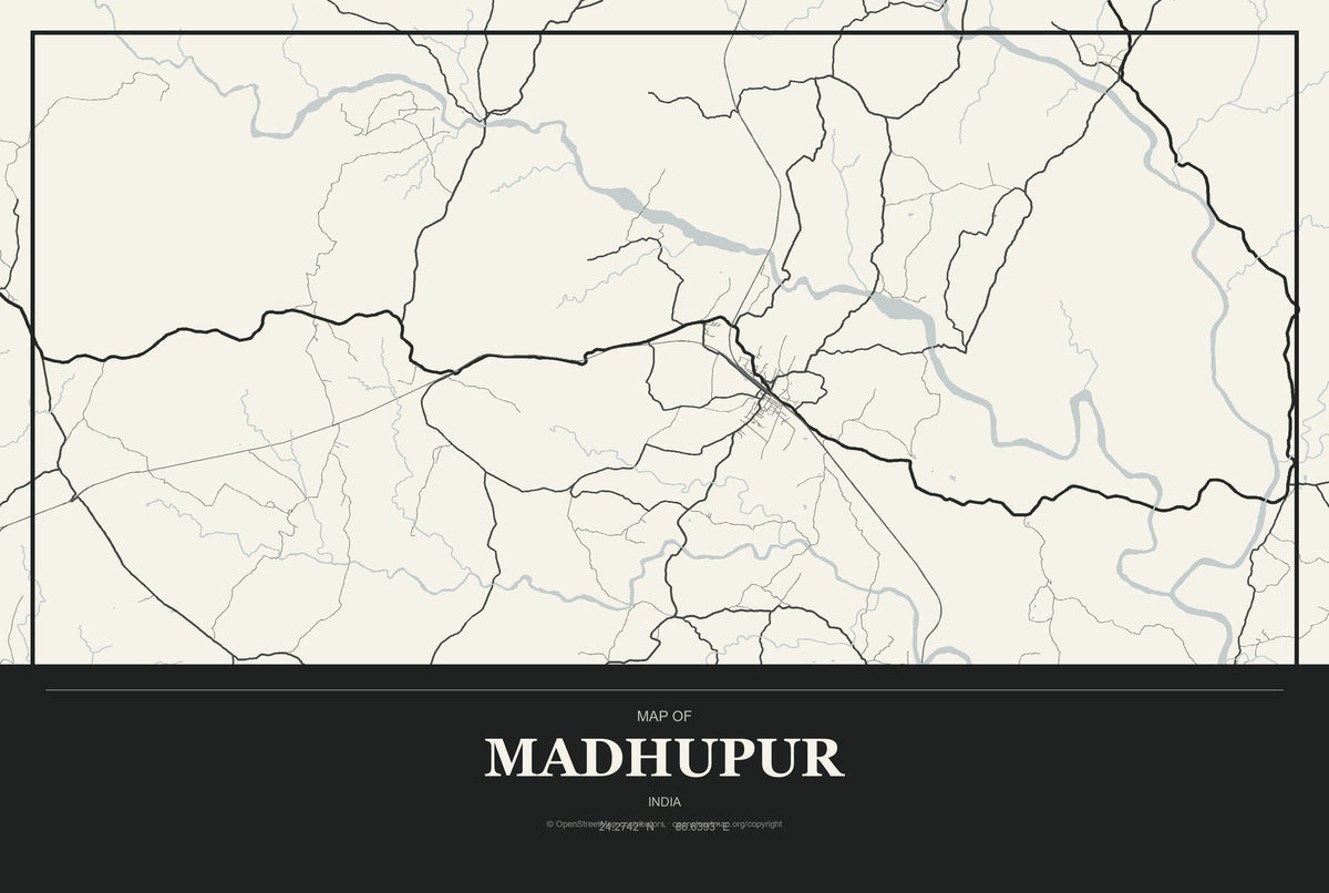 Madhupur, India City Map Aluminum Sign in Museum Plaque style