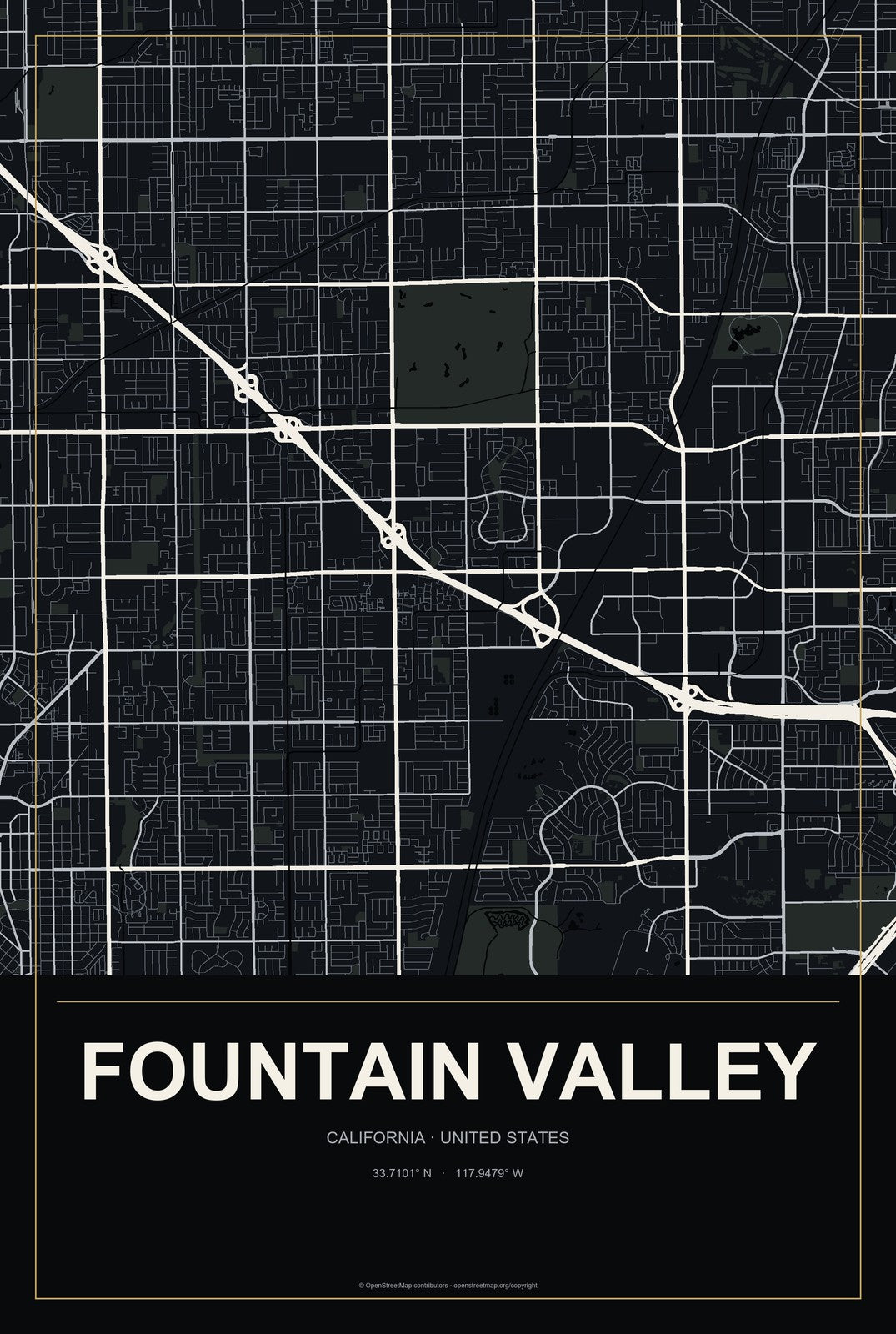 Fountain Valley, California City Map Aluminum Sign in Metropolitan Noir style
