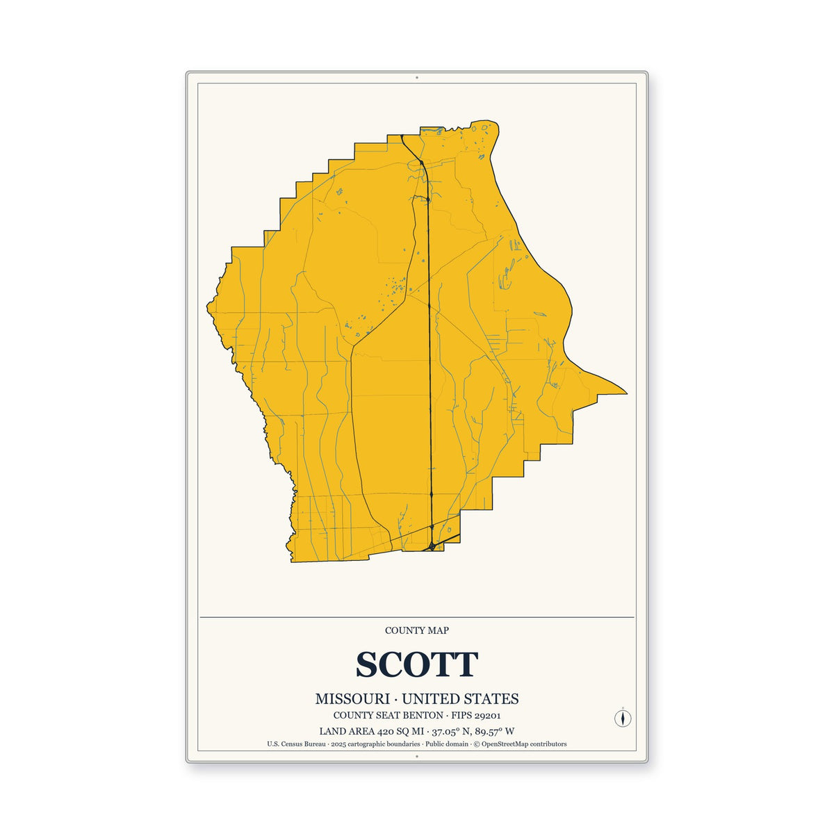 Scott County, Missouri Map Aluminum Sign in Citrine Modern style