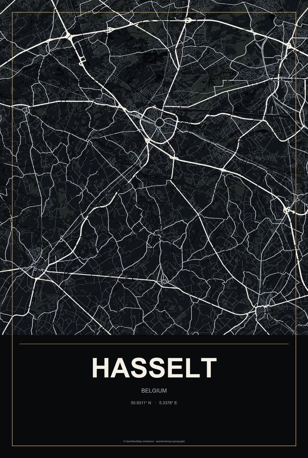 Hasselt, Belgium City Map Aluminum Sign in Metropolitan Noir style