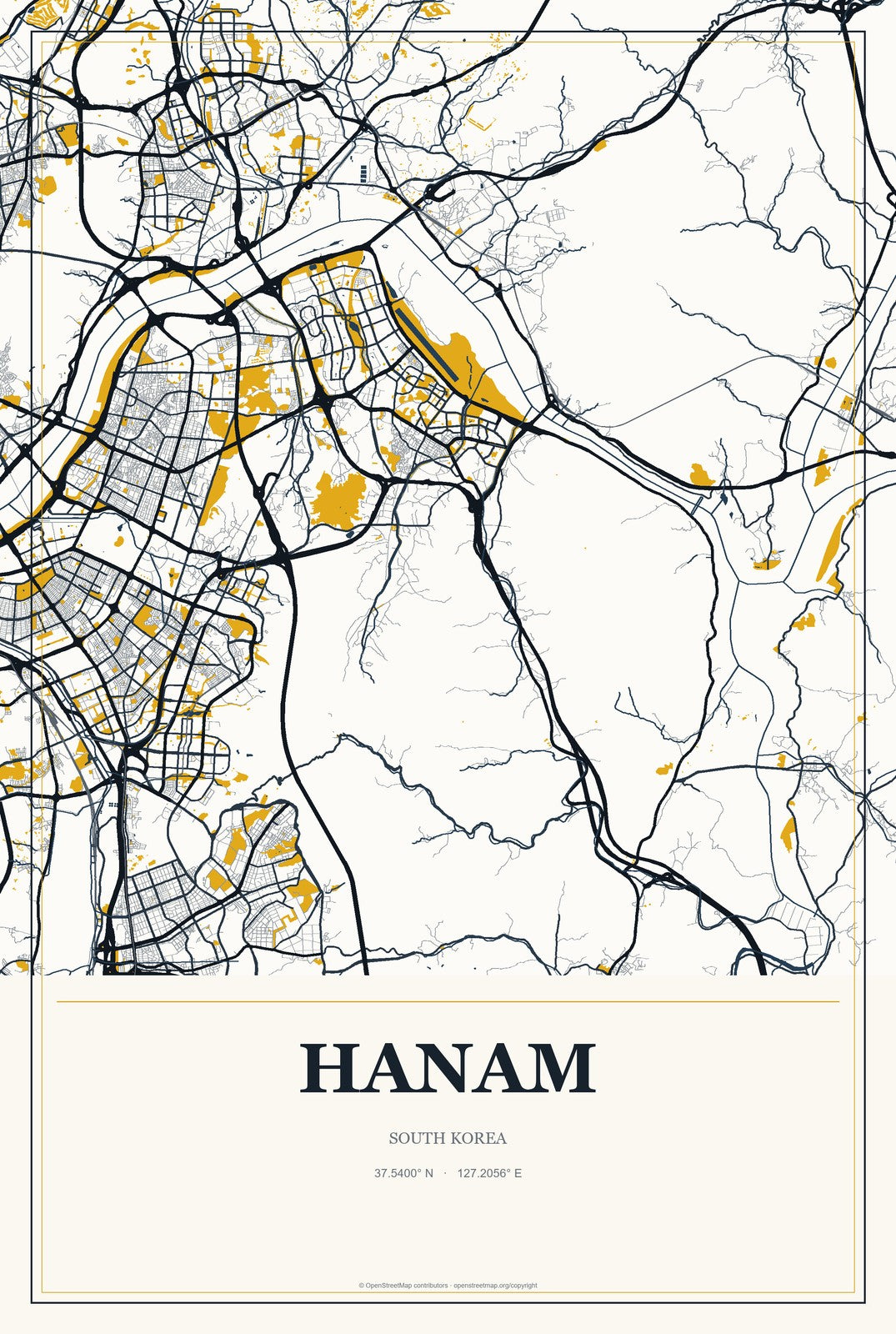 Hanam, South Korea City Map Aluminum Sign in Citrine Modern style