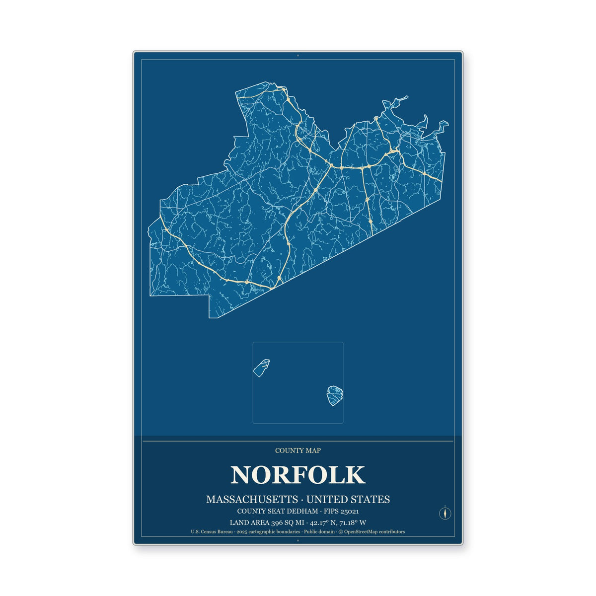 Norfolk County, Massachusetts Map Aluminum Sign in Harbor Cobalt style