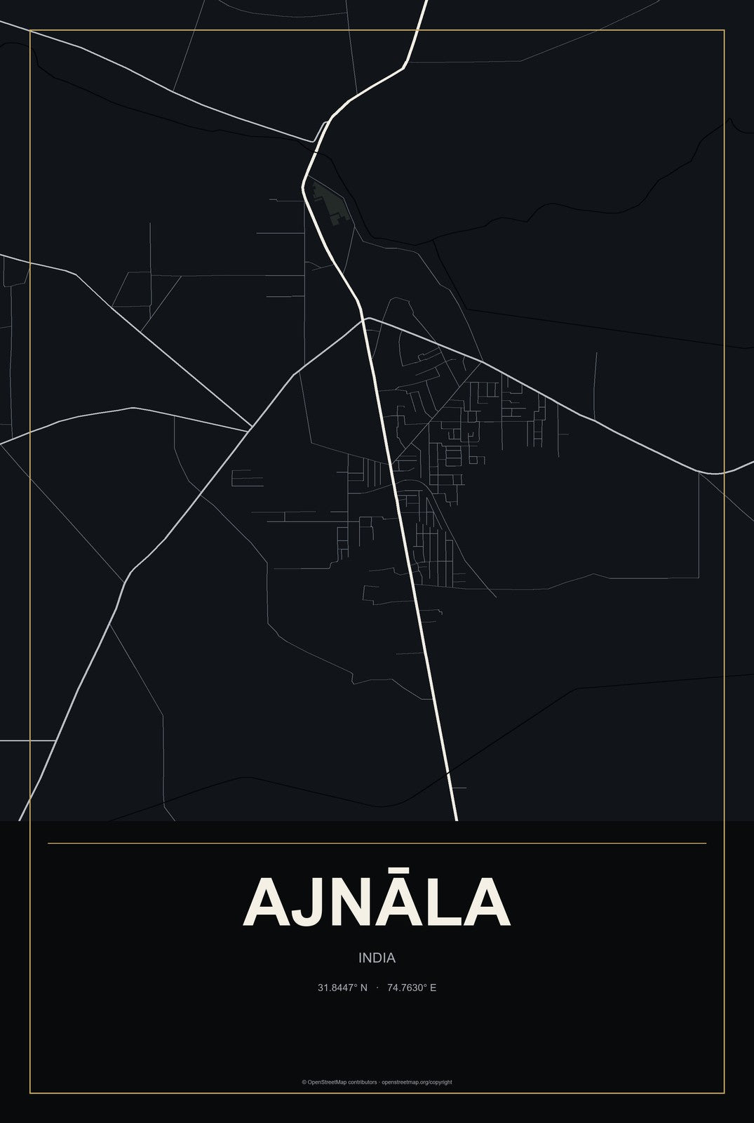Ajnāla, India City Map Aluminum Sign in Metropolitan Noir style