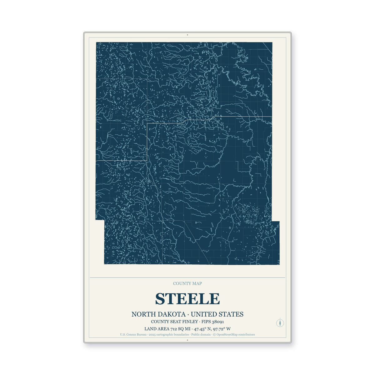 Steele County, North Dakota Map Aluminum Sign in Coastal Cutout style