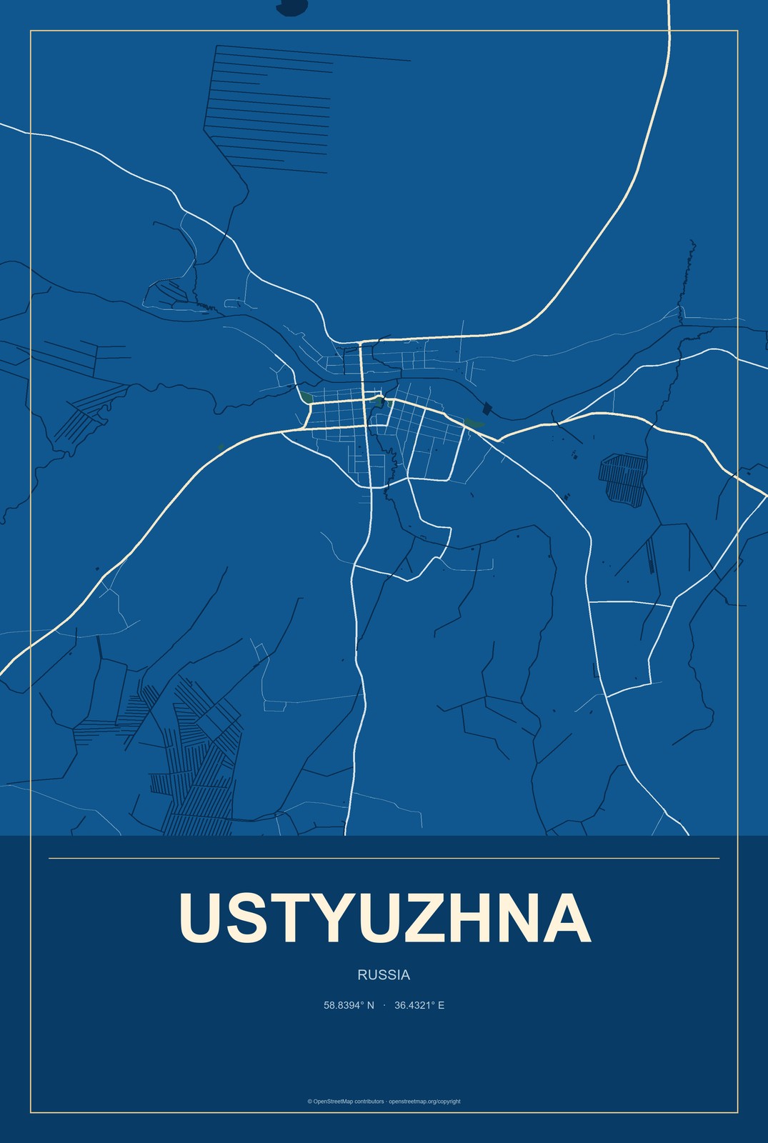 Ustyuzhna, Russia City Map Aluminum Sign in Harbor Cobalt style