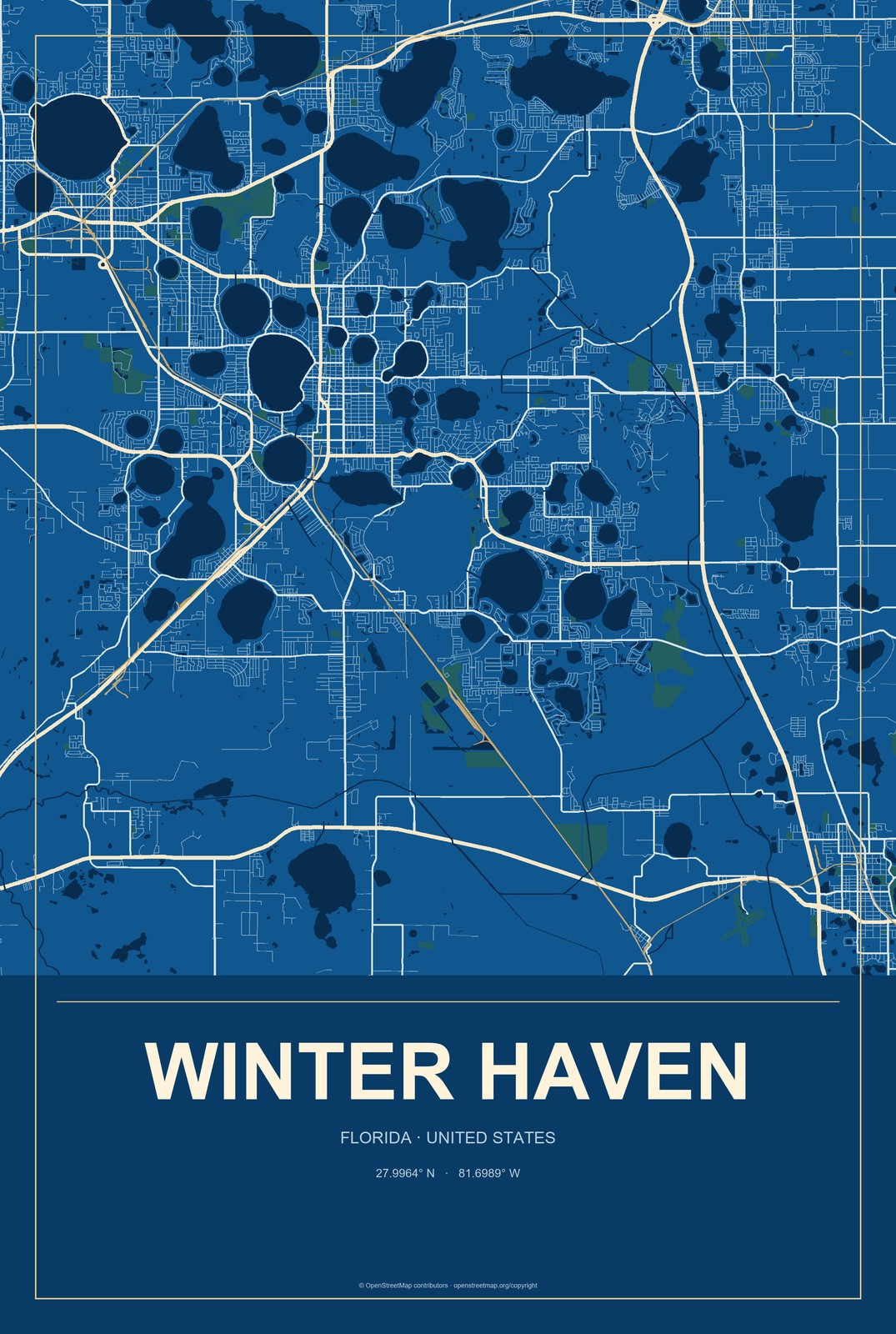 Winter Haven, Florida City Map Aluminum Sign in Harbor Cobalt style