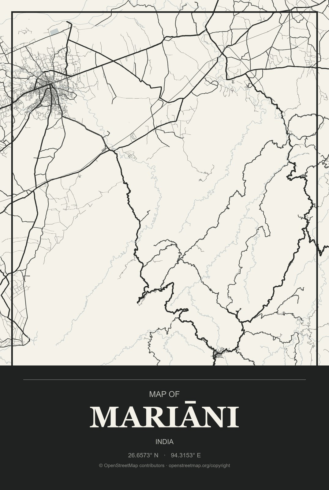 Mariāni, India City Map Aluminum Sign in Museum Plaque style