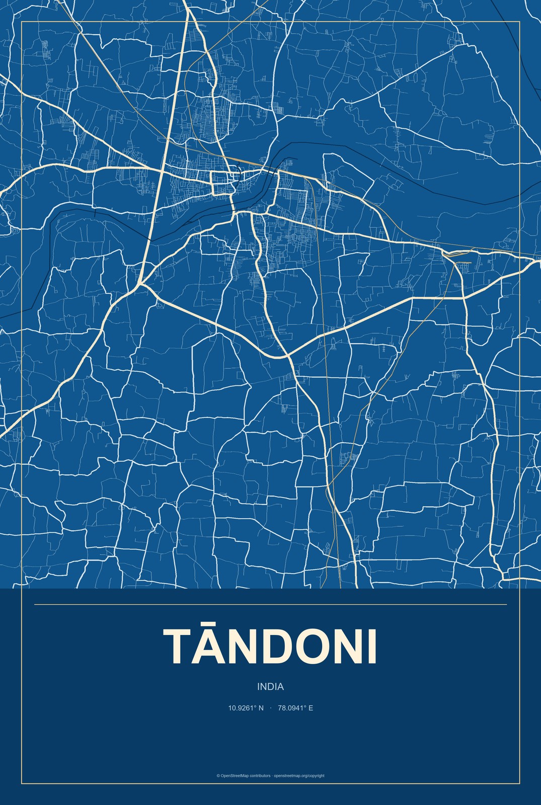 Tāndoni, India City Map Aluminum Sign in Harbor Cobalt style
