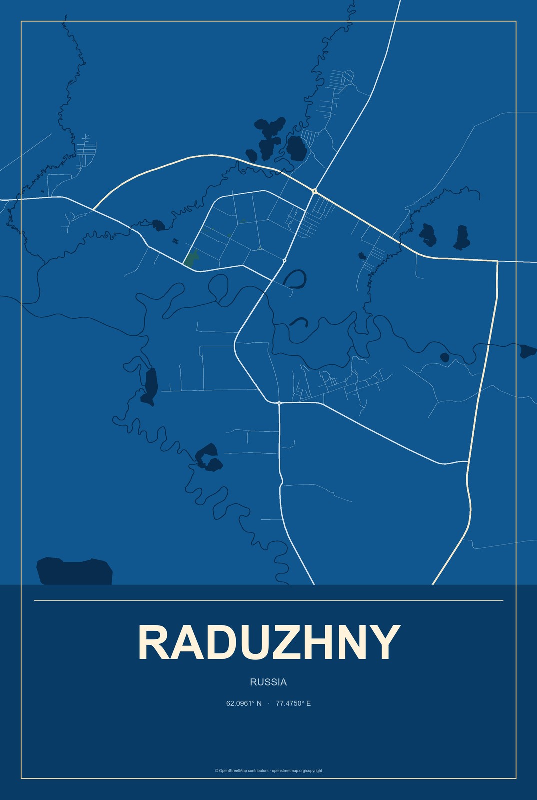 Raduzhny, Russia City Map Aluminum Sign in Harbor Cobalt style