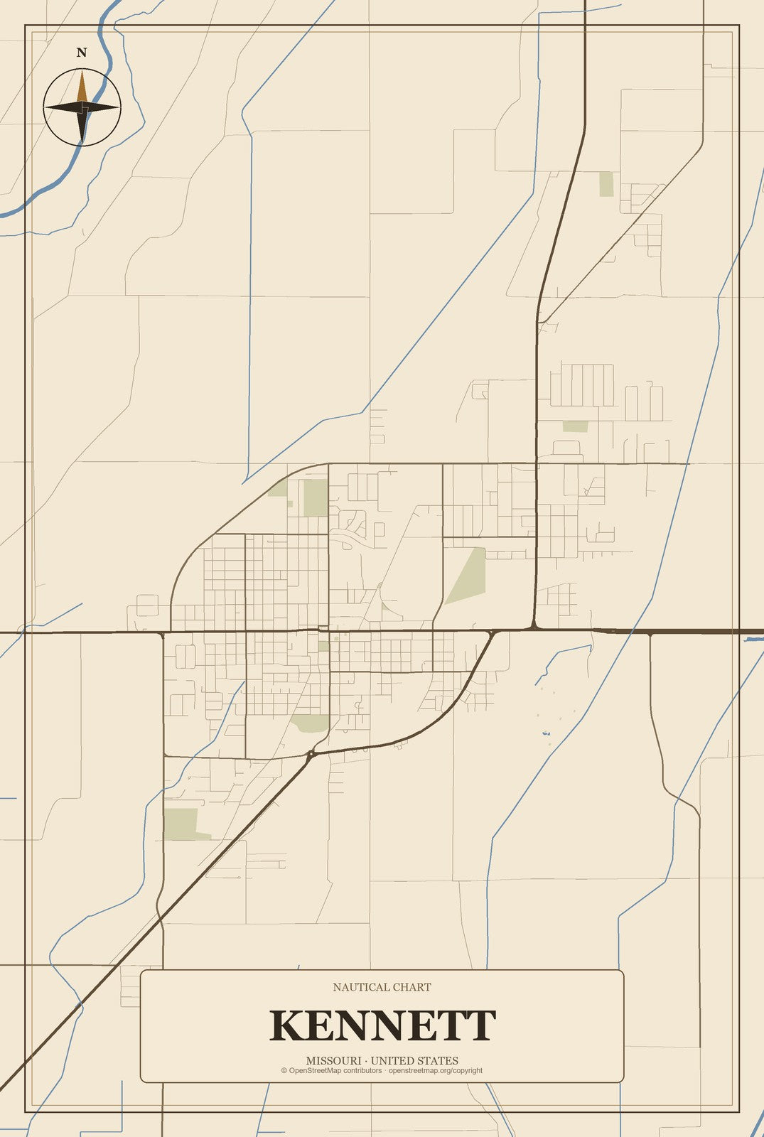 Kennett, Missouri City Map Aluminum Sign in Heritage Nautical style