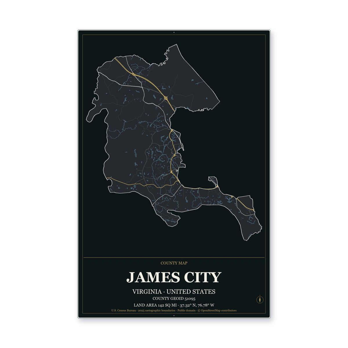 James City County, Virginia Map Aluminum Sign in Metropolitan Noir style