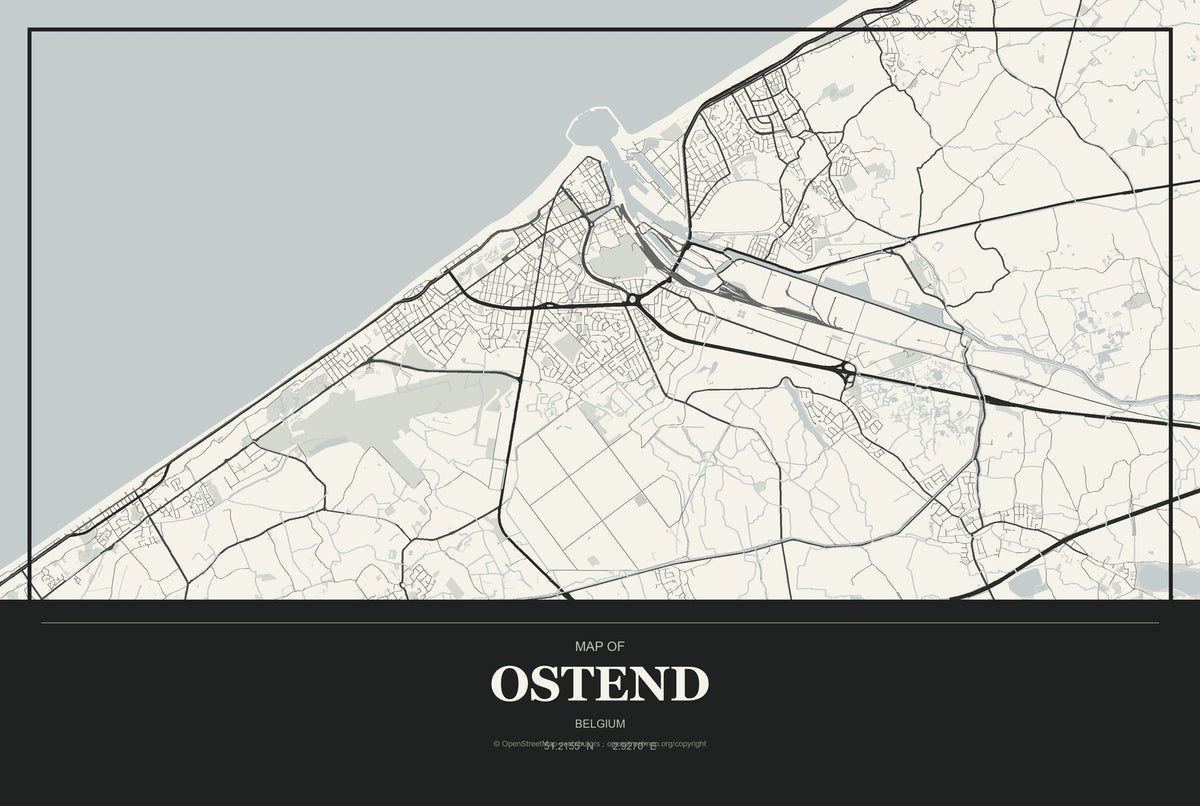 Ostend, Belgium City Map Aluminum Sign in Museum Plaque style