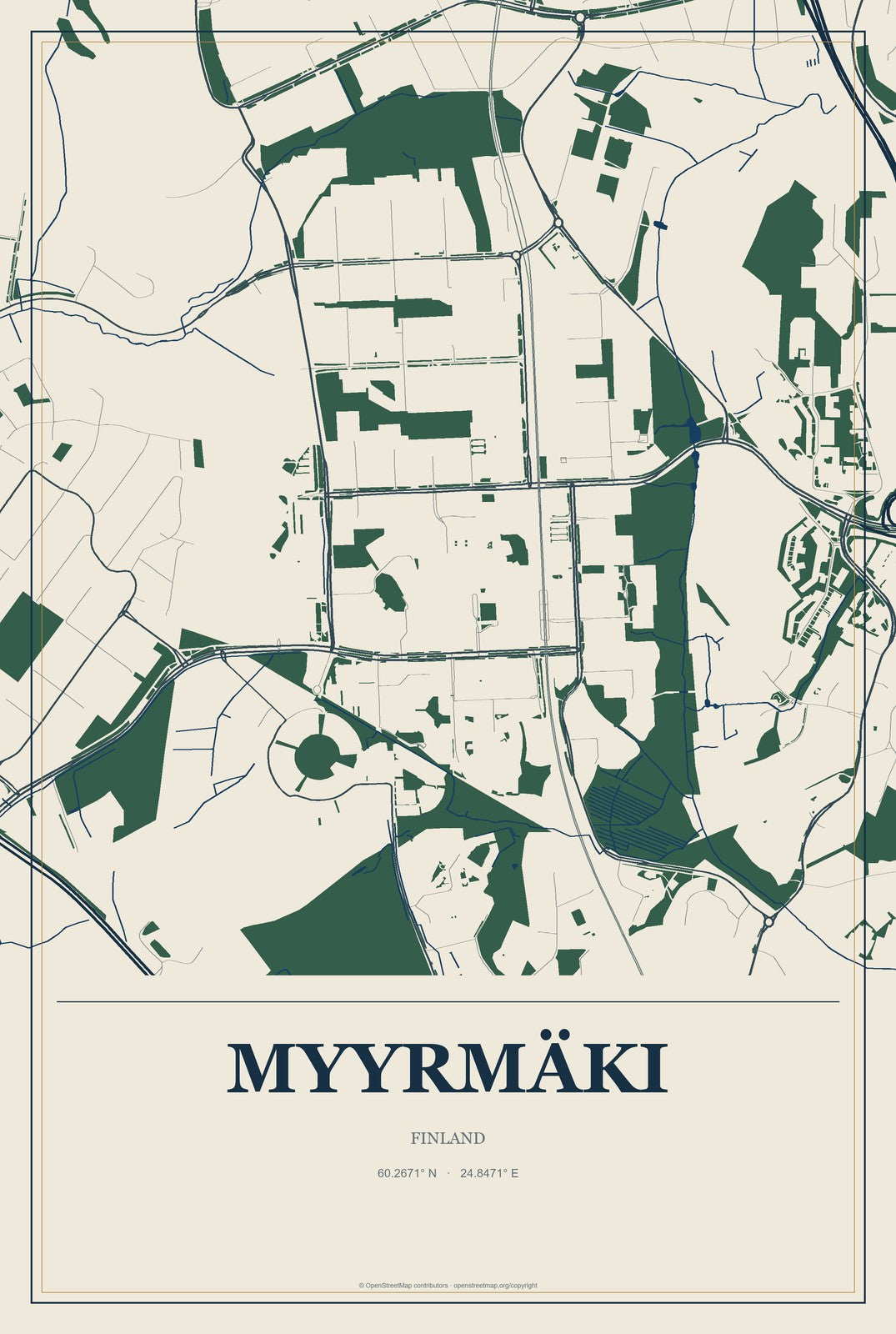 Myyrmäki, Finland City Map Aluminum Sign in Coastal Cutout style