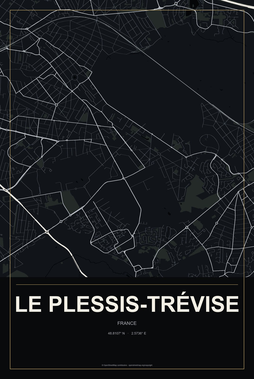Le Plessis-Trévise, France City Map Aluminum Sign in Metropolitan Noir style