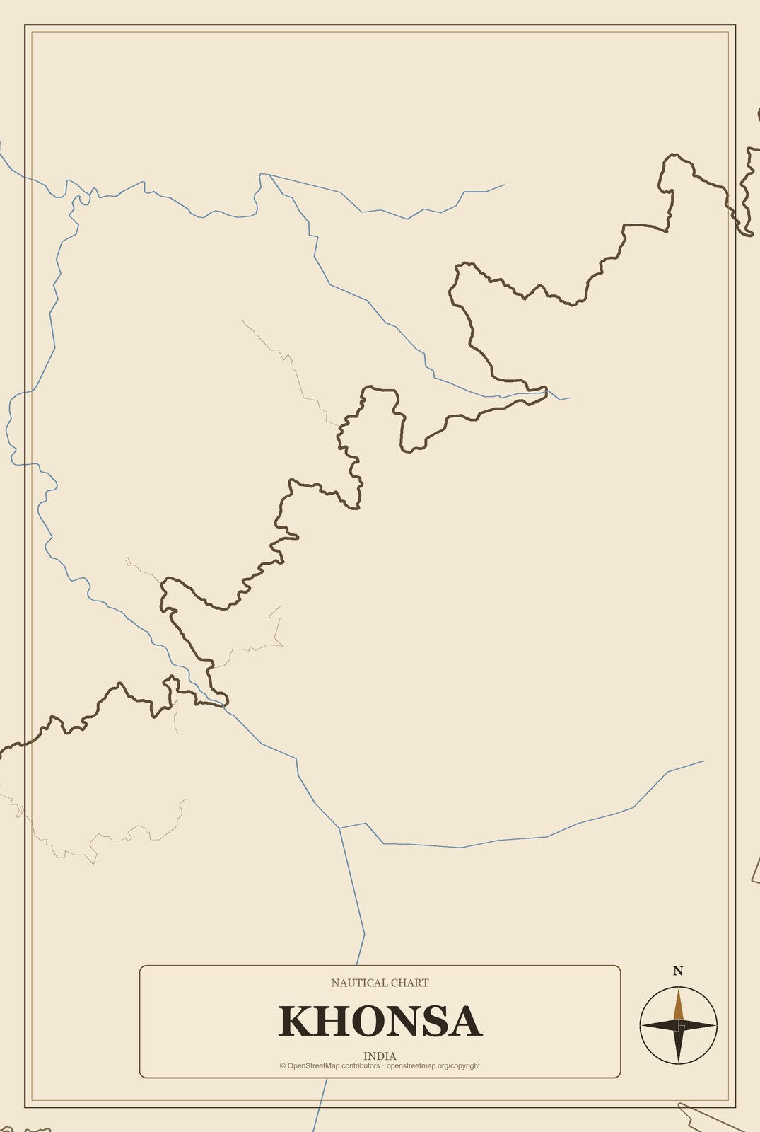 Khonsa, India City Map Aluminum Sign in Heritage Nautical style