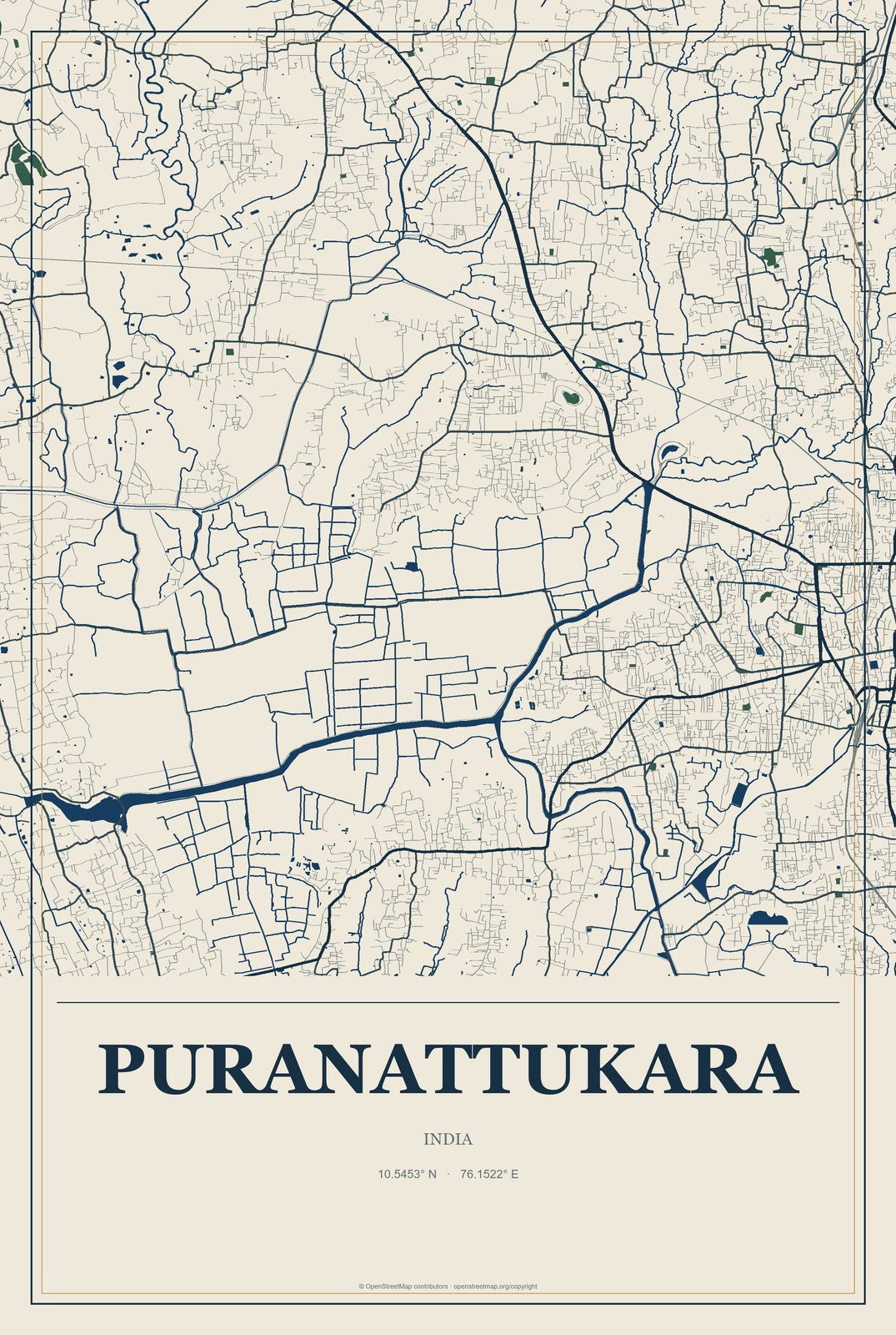 Puranattukara, India City Map Aluminum Sign in Coastal Cutout style