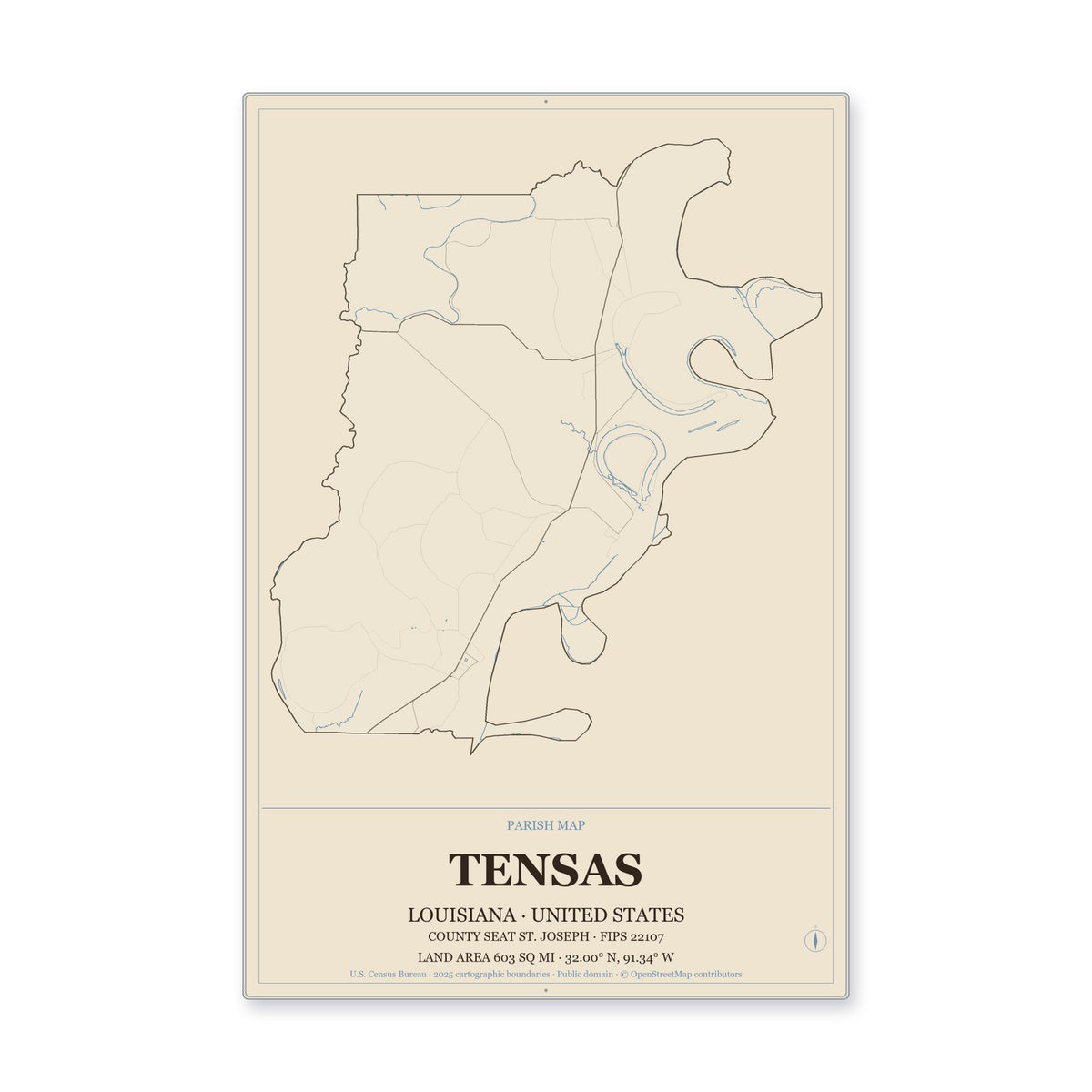 Tensas Parish, Louisiana Map Aluminum Sign in Heritage Nautical style