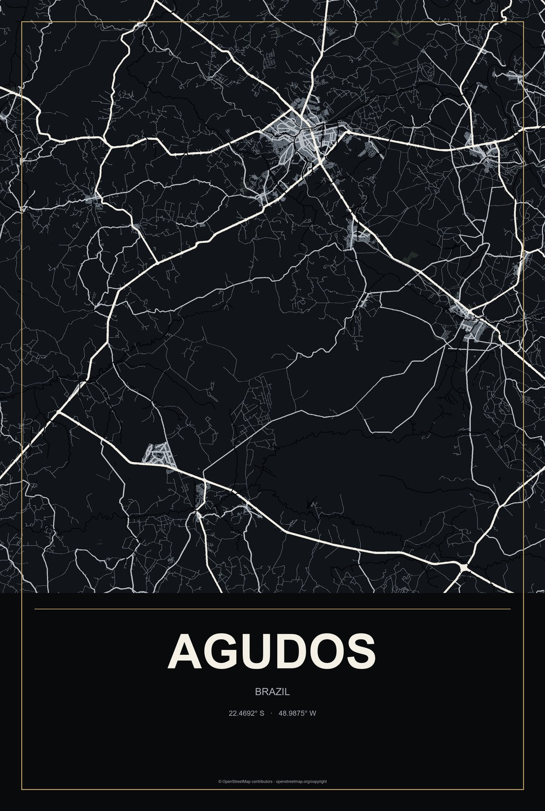 Agudos, Brazil City Map Aluminum Sign in Metropolitan Noir style