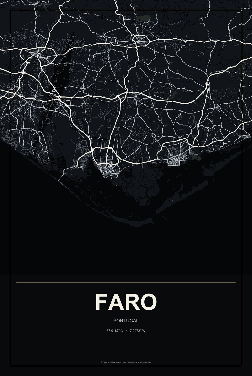 Faro, Portugal City Map Aluminum Sign in Metropolitan Noir style