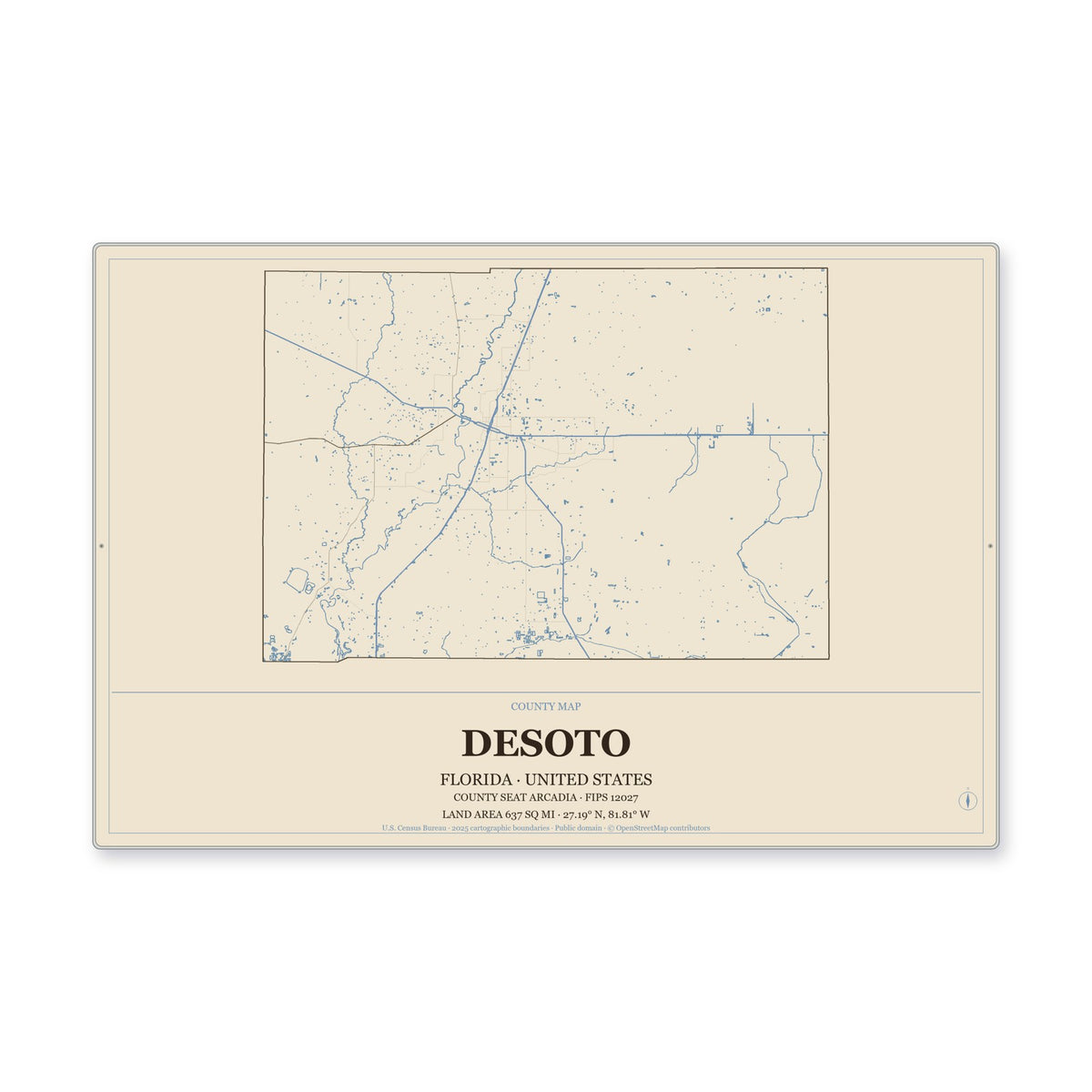 DeSoto County, Florida Map Aluminum Sign in Heritage Nautical style