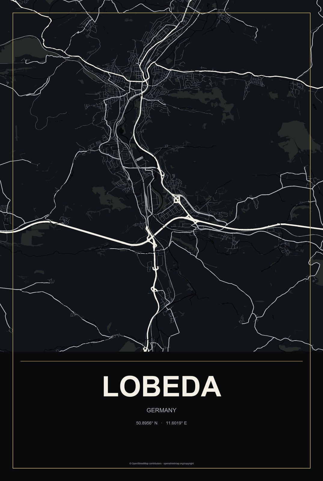 Lobeda, Germany City Map Aluminum Sign in Metropolitan Noir style