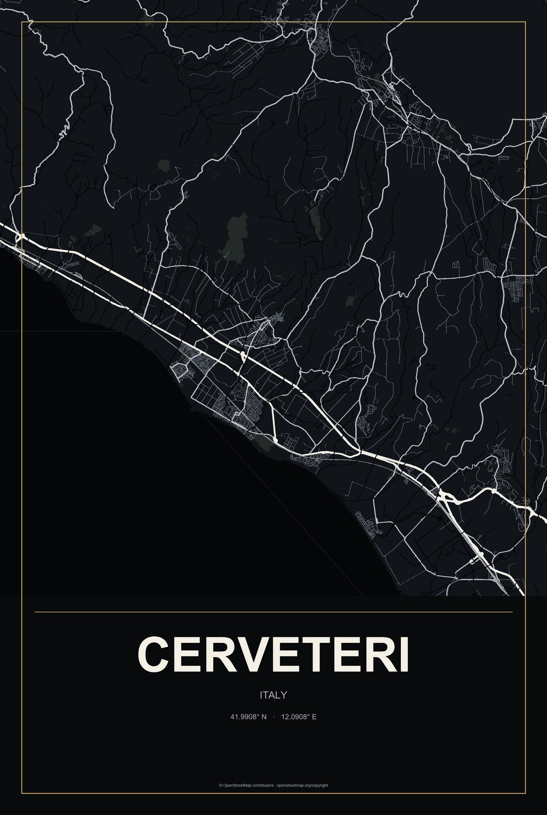 Cerveteri, Italy City Map Aluminum Sign in Metropolitan Noir style