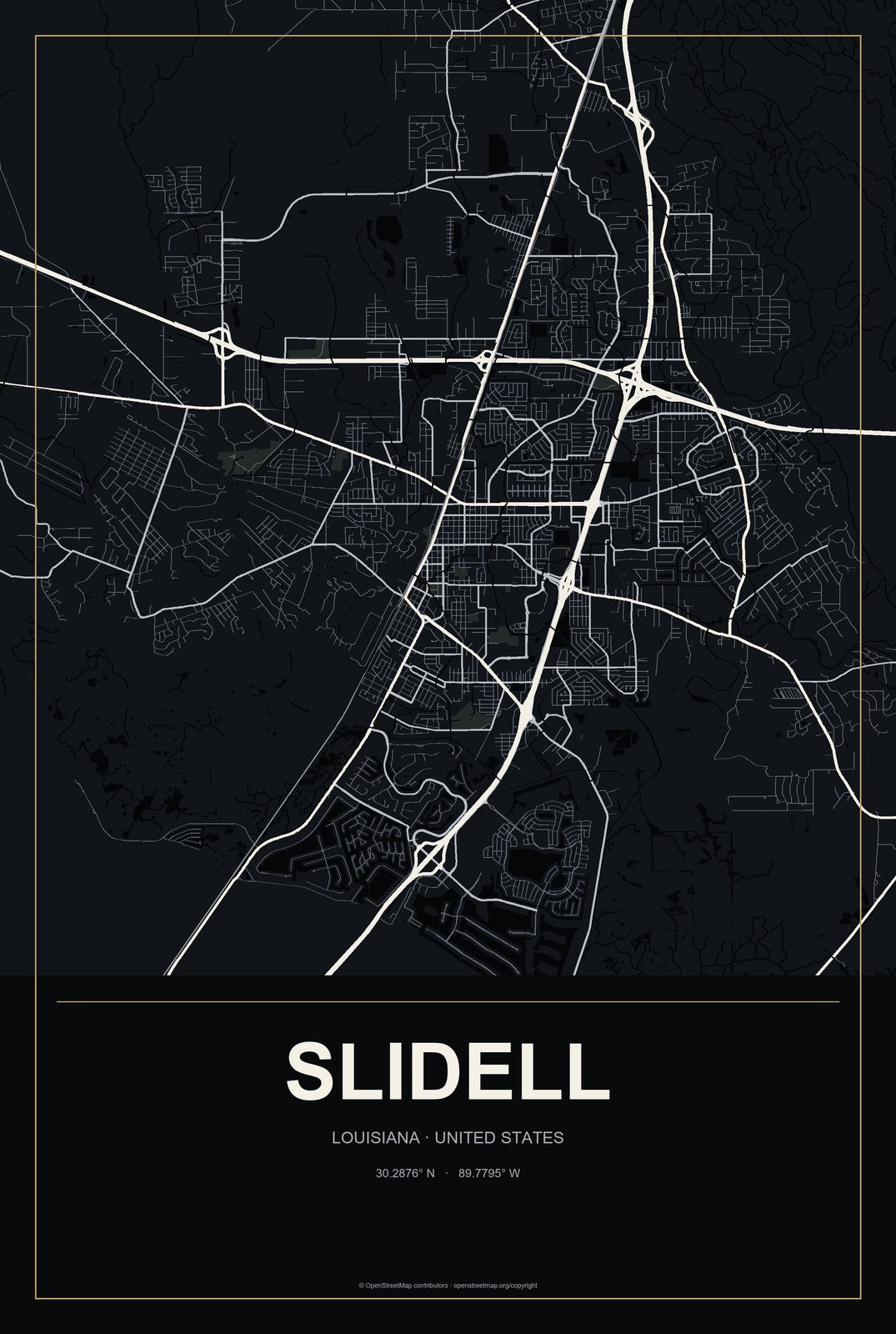 Slidell, Louisiana City Map Aluminum Sign in Metropolitan Noir style