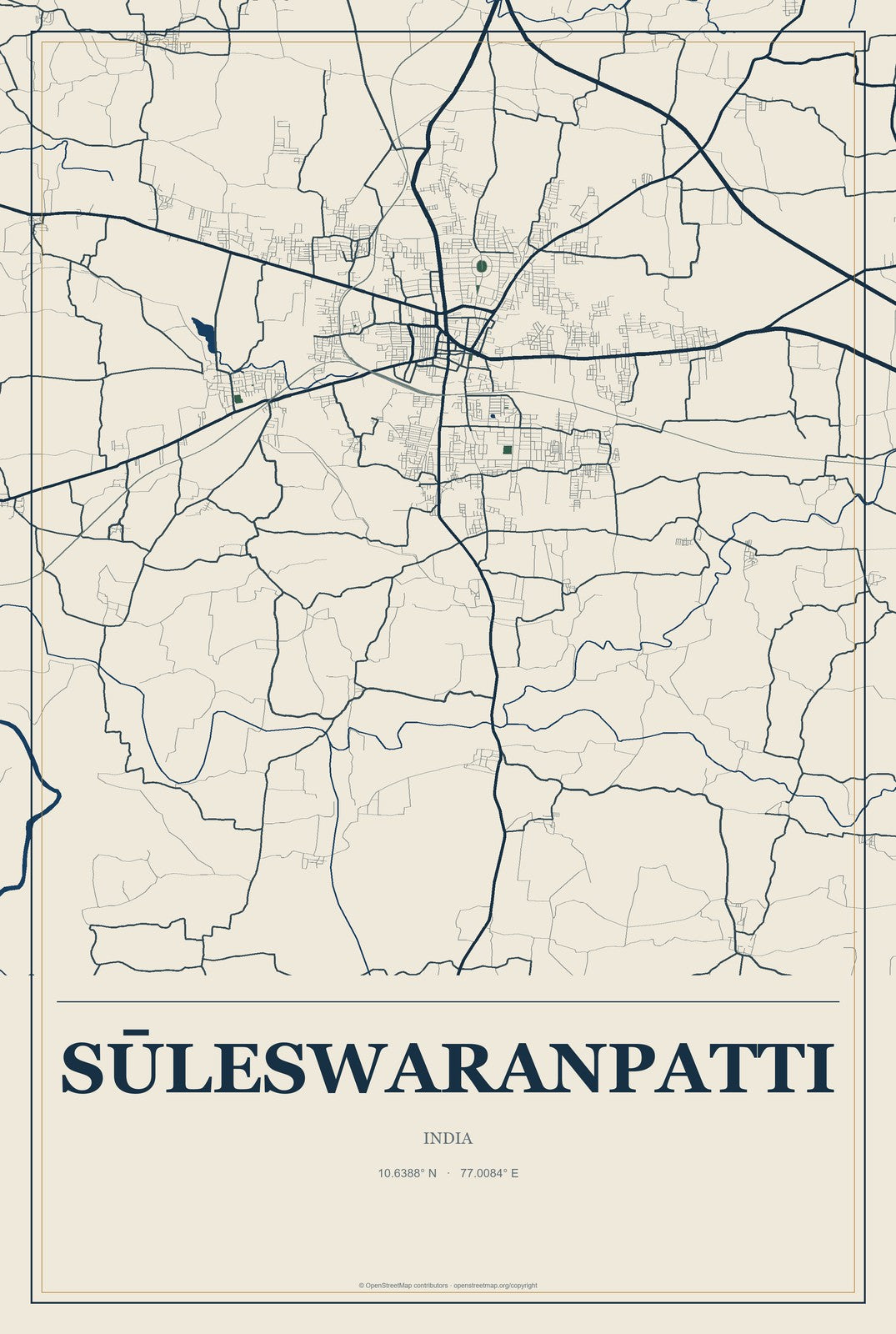 Sūleswaranpatti, India City Map Aluminum Sign in Coastal Cutout style